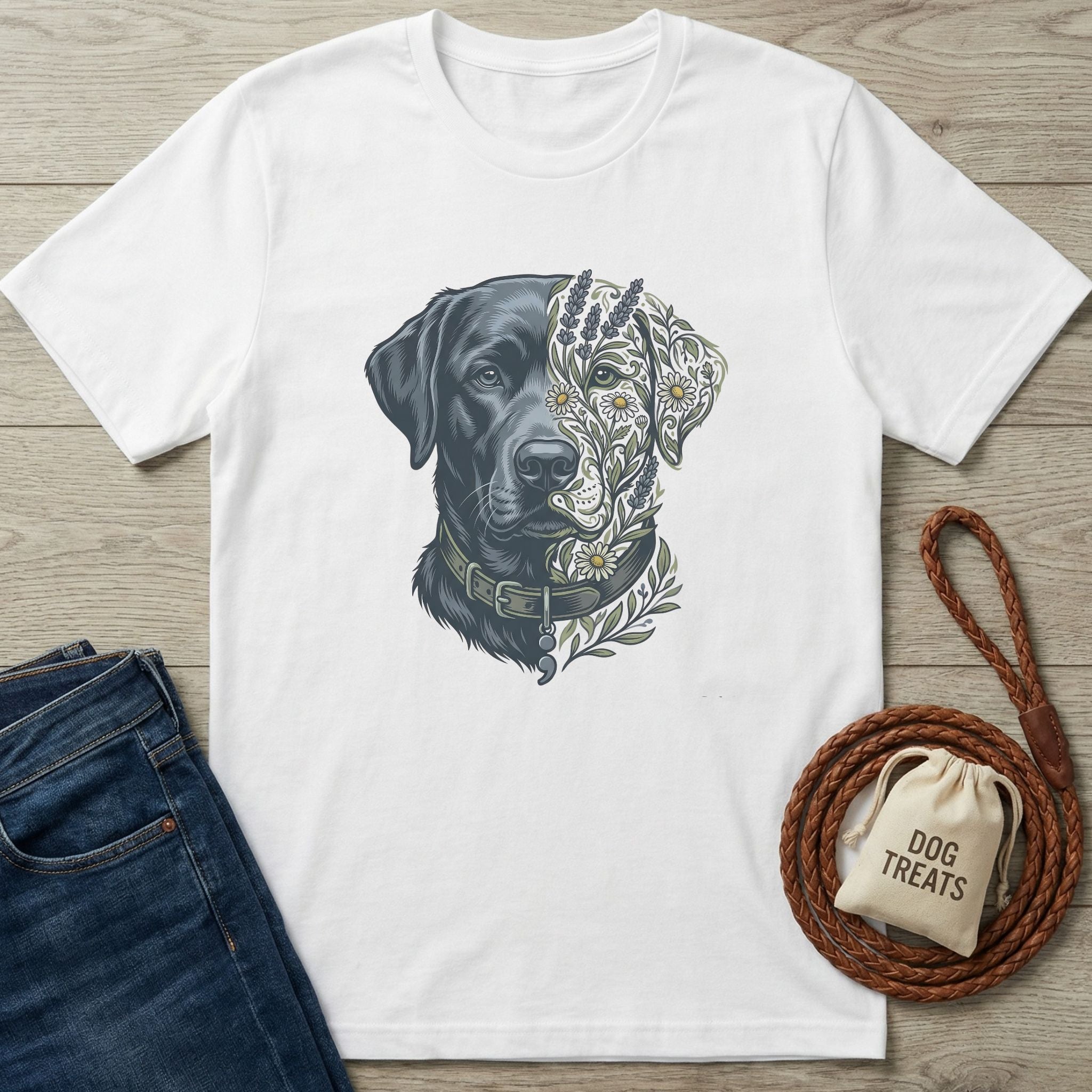 White Gildan Softstyle® t-shirt with a black lab and botanical floral design, next to jeans and a dog leash.