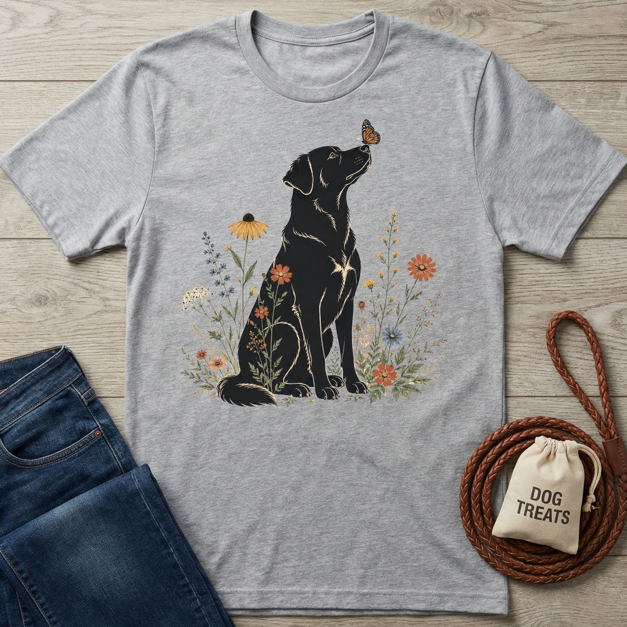 Heather gray crewneck t-shirt featuring a black dog sitting among colorful wildflowers with a butterfly on its nose.