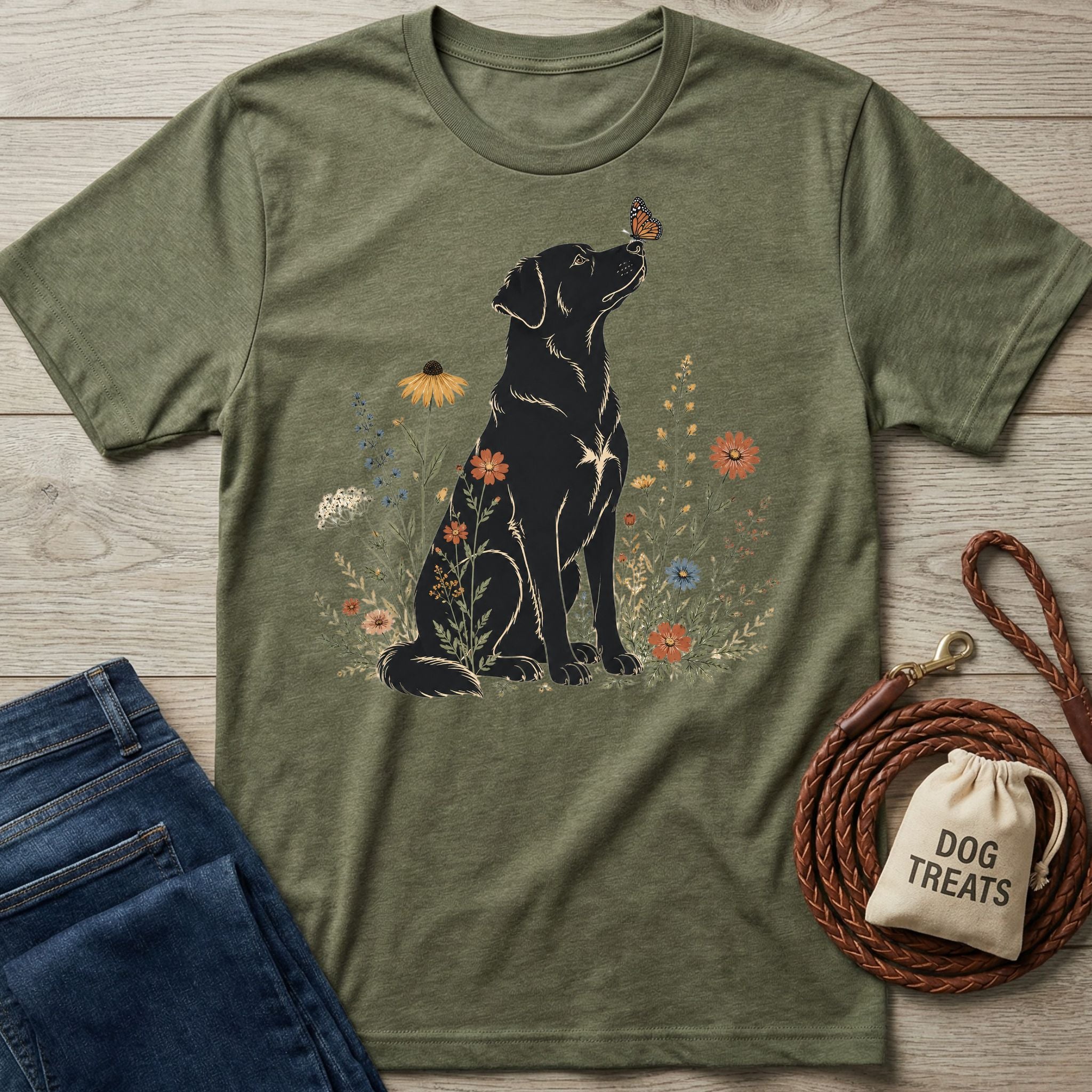 Olive green crewneck t-shirt featuring a black dog sitting among colorful wildflowers with a butterfly on its nose.