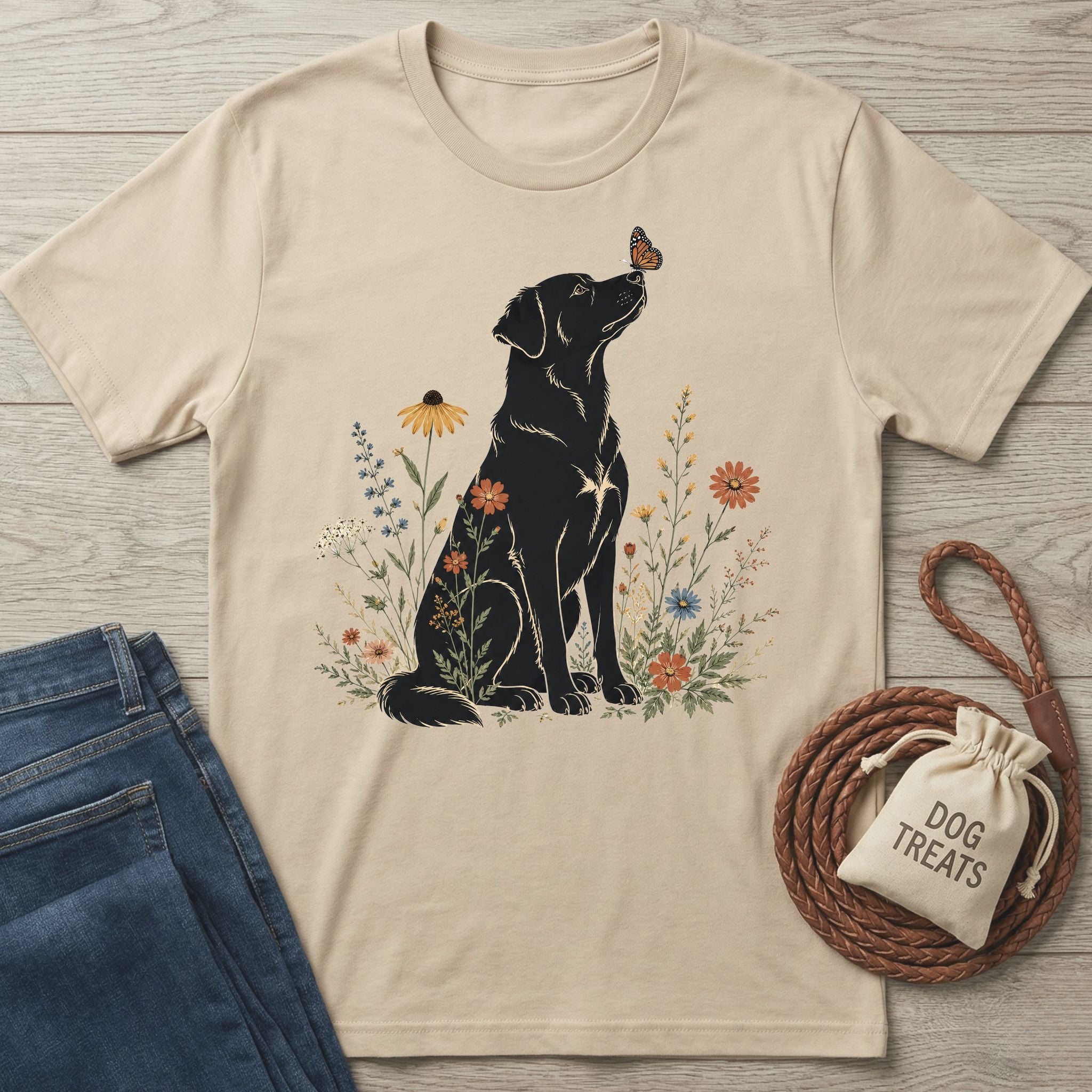 Beige cotton t-shirt featuring a black dog sitting among colorful wildflowers with a butterfly on its nose.