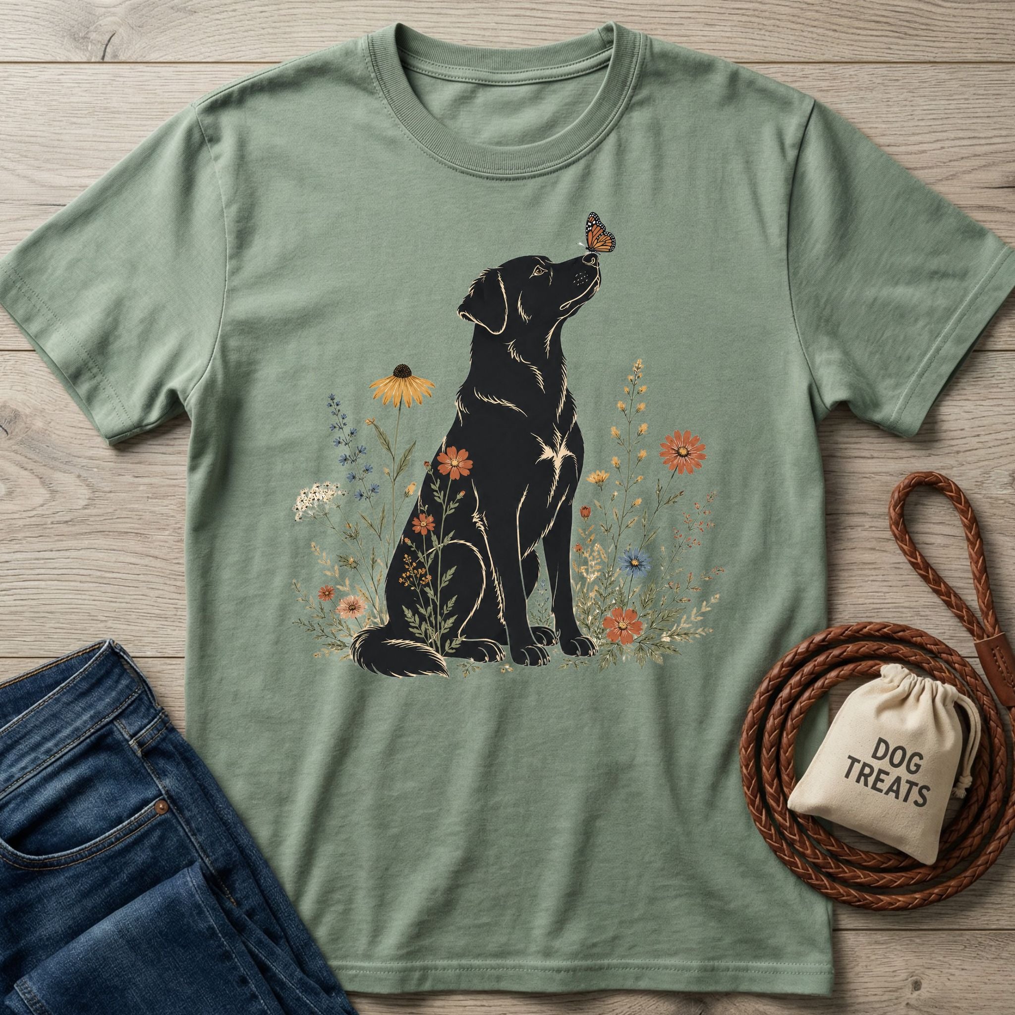 Sage green t-shirt featuring a black dog sitting among colorful wildflowers with a butterfly on its nose.
