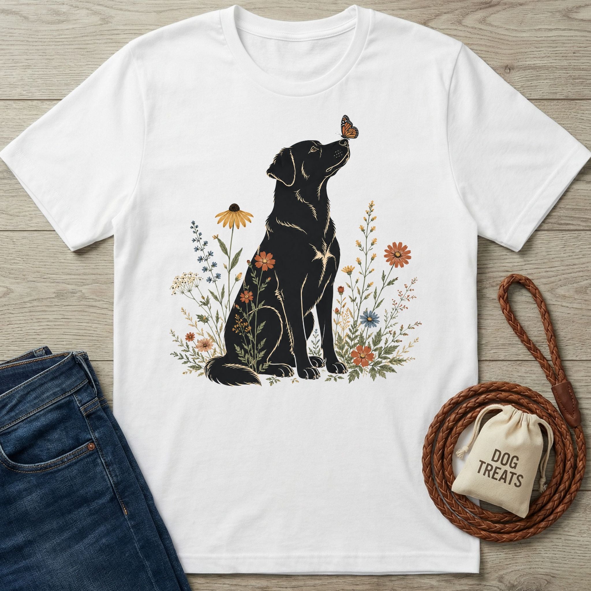 White cotton t-shirt featuring a black dog sitting among colorful wildflowers with a butterfly on its nose.