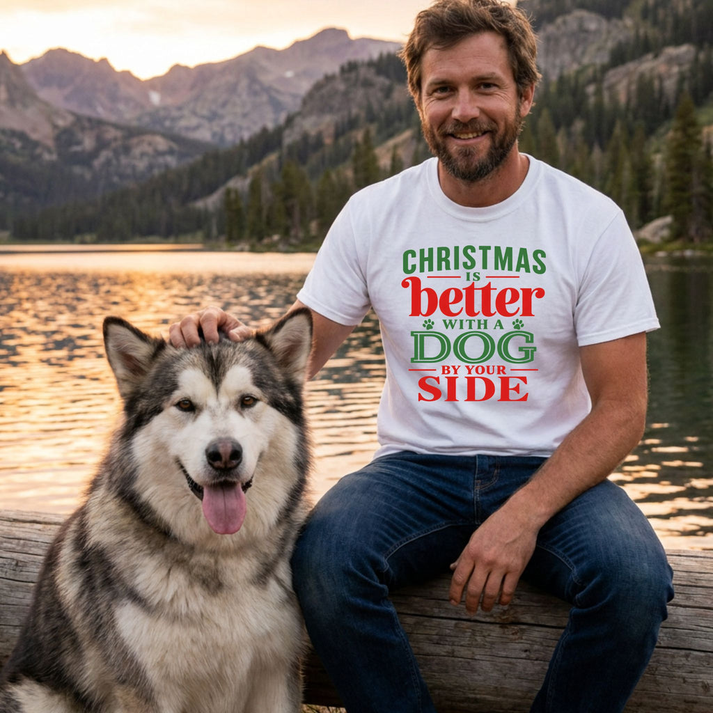 Man wearing a white T-shirt with red and green Christmas text sitting by a lake with his fluffy dog.