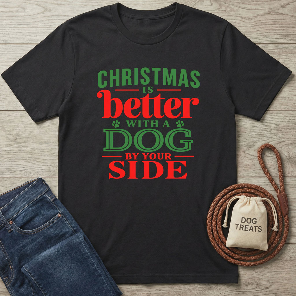 Black crewneck T-shirt with red and green Christmas text, featuring paw prints and a dog treats pouch on a wooden surface.