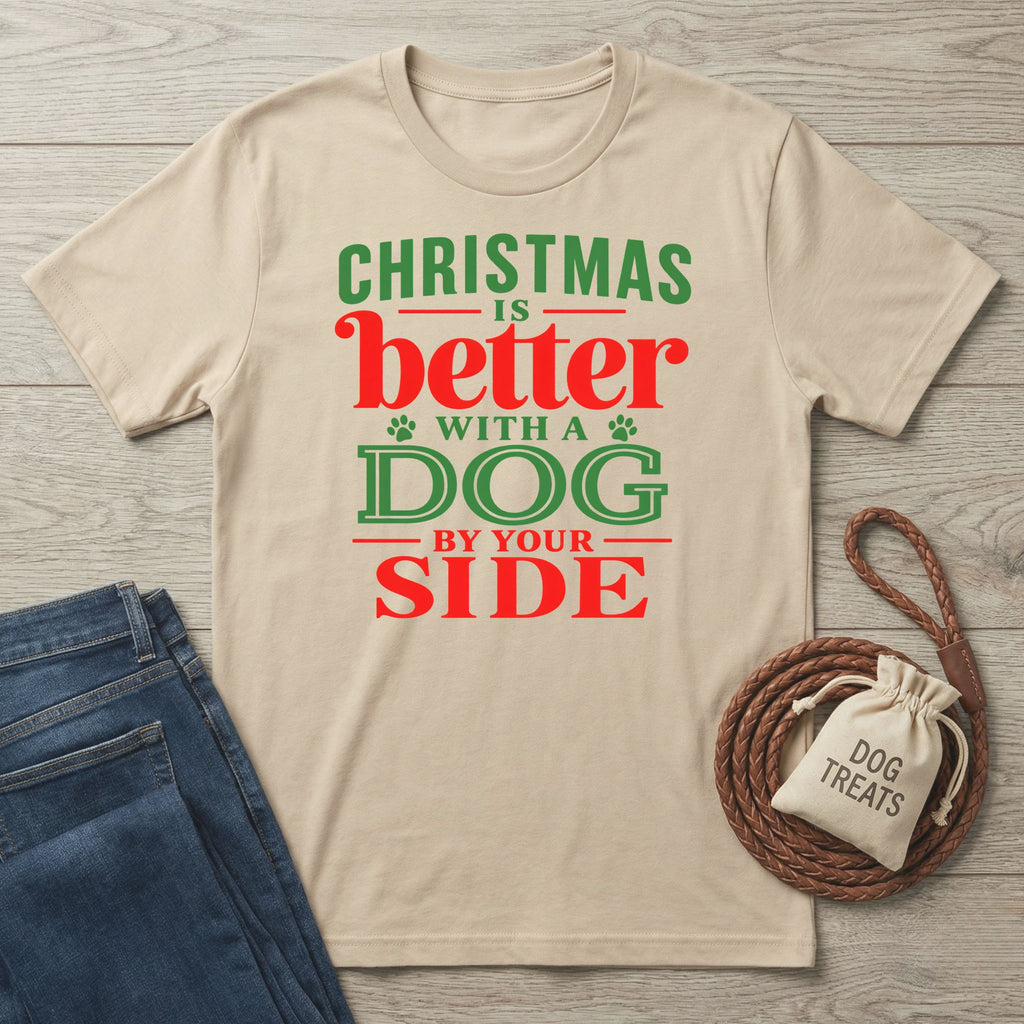 Beige crewneck T-shirt with festive red and green Christmas text, displayed with blue jeans and a bag of dog treats.
