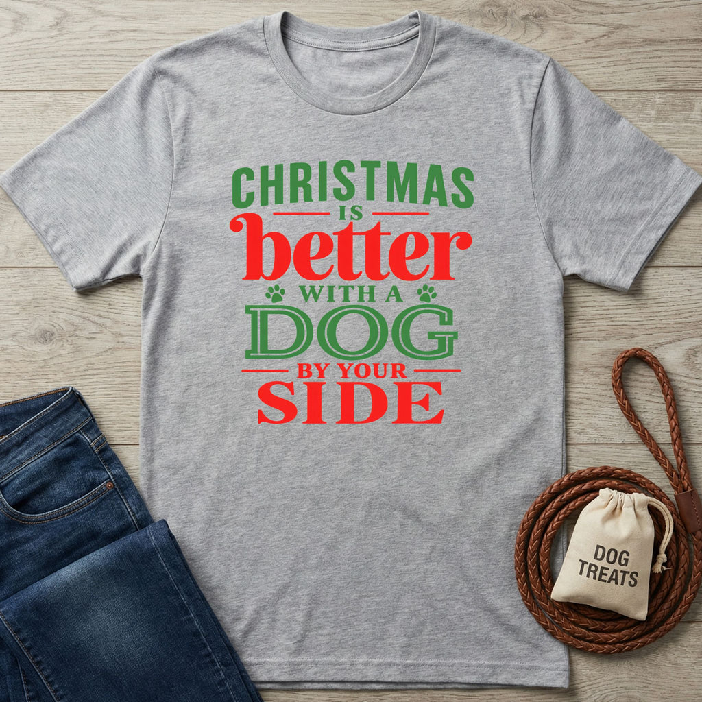 Grey crewneck T-shirt with red and green Christmas text reading Christmas is better with a dog by your side.