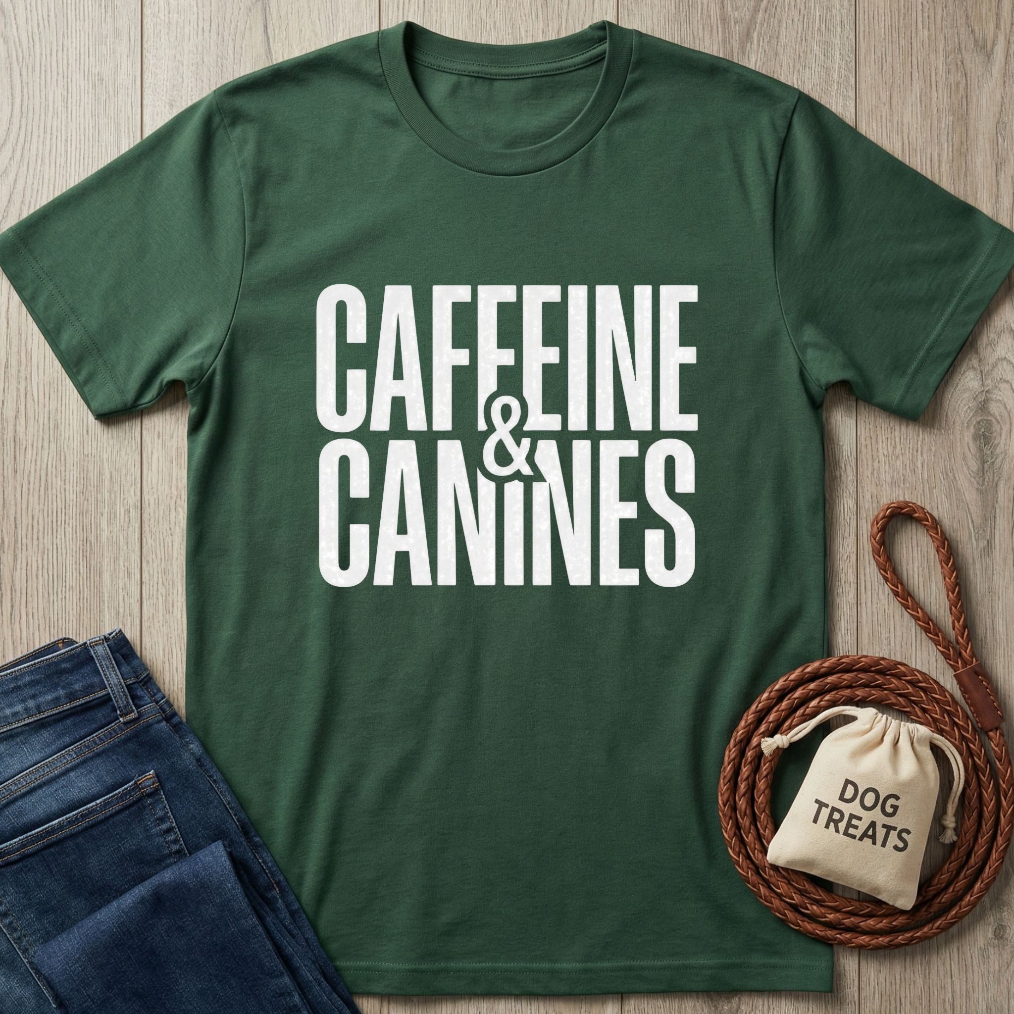 Forest green Gildan Softstyle® t-shirt with "CAFFEINE & CANINES" in white, next to jeans, a leash, and treat bag.