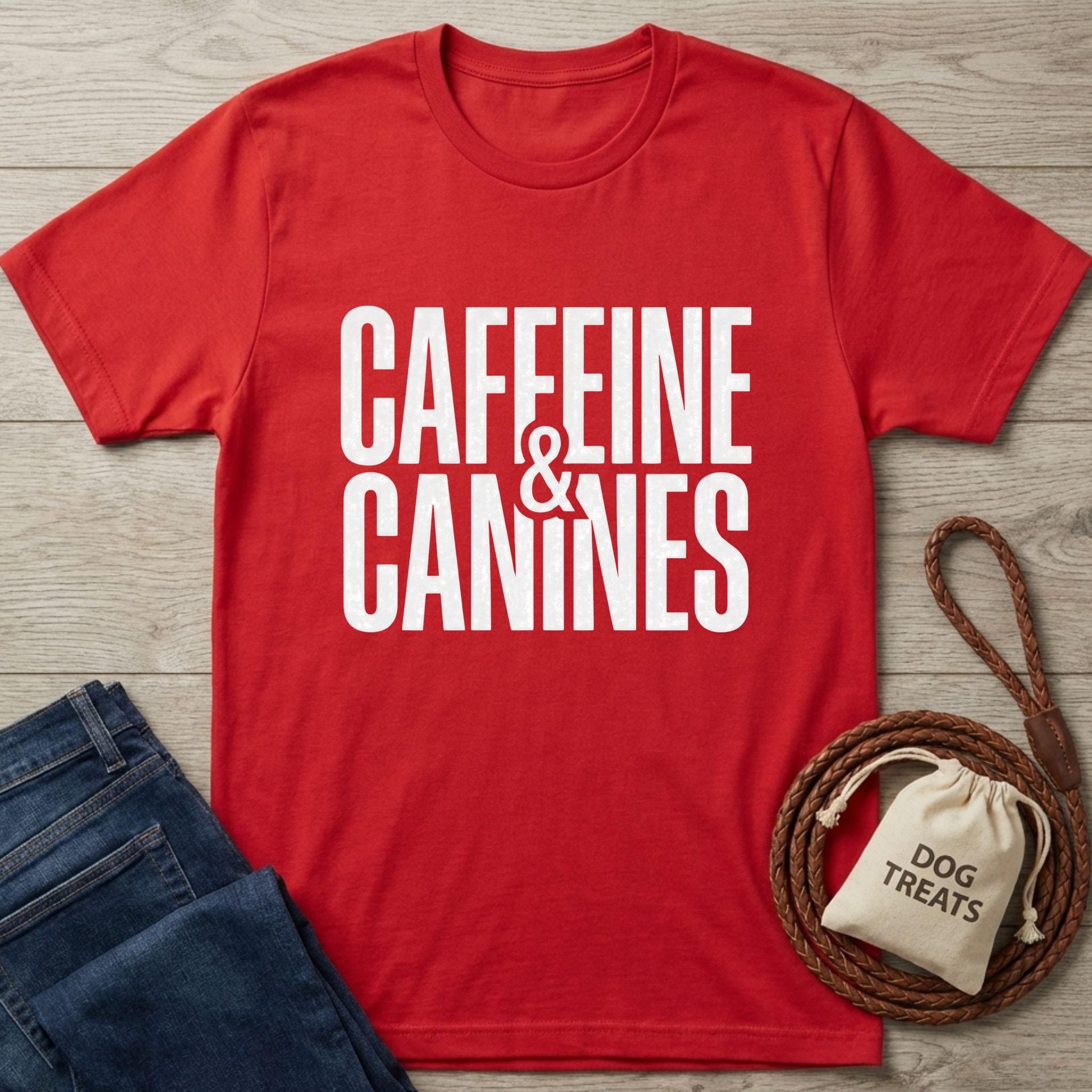 Red Gildan Softstyle® 64000 t-shirt with "Caffeine & Canines" in white, next to jeans and dog treats.
