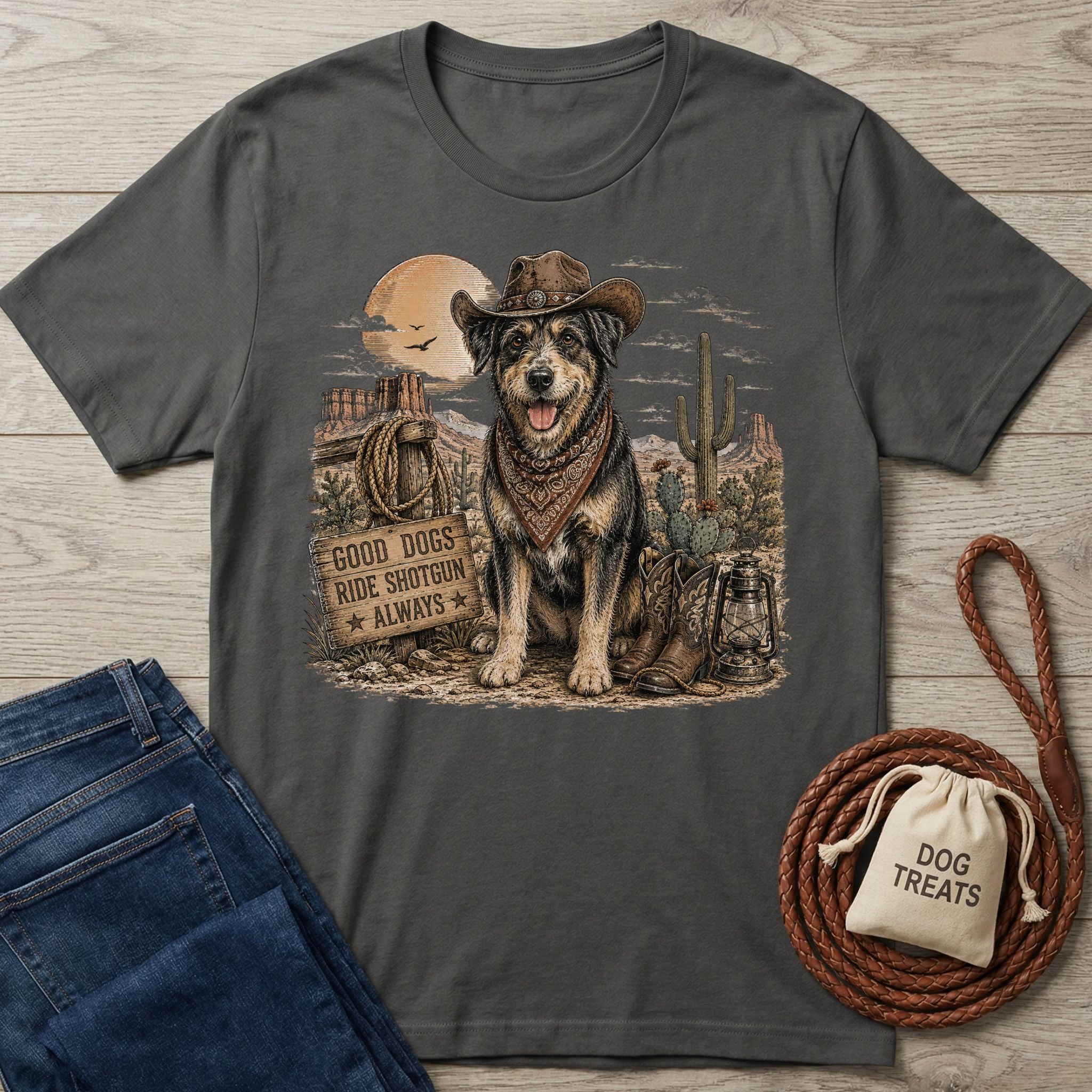 Charcoal grey t-shirt featuring a western-style graphic of a dog in a cowboy hat and bandana with desert scenery.