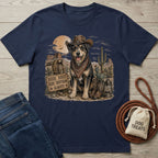 Navy blue cotton t-shirt featuring a western-style graphic of a dog in a cowboy hat with the text Good Dogs Ride Shotgun Always.