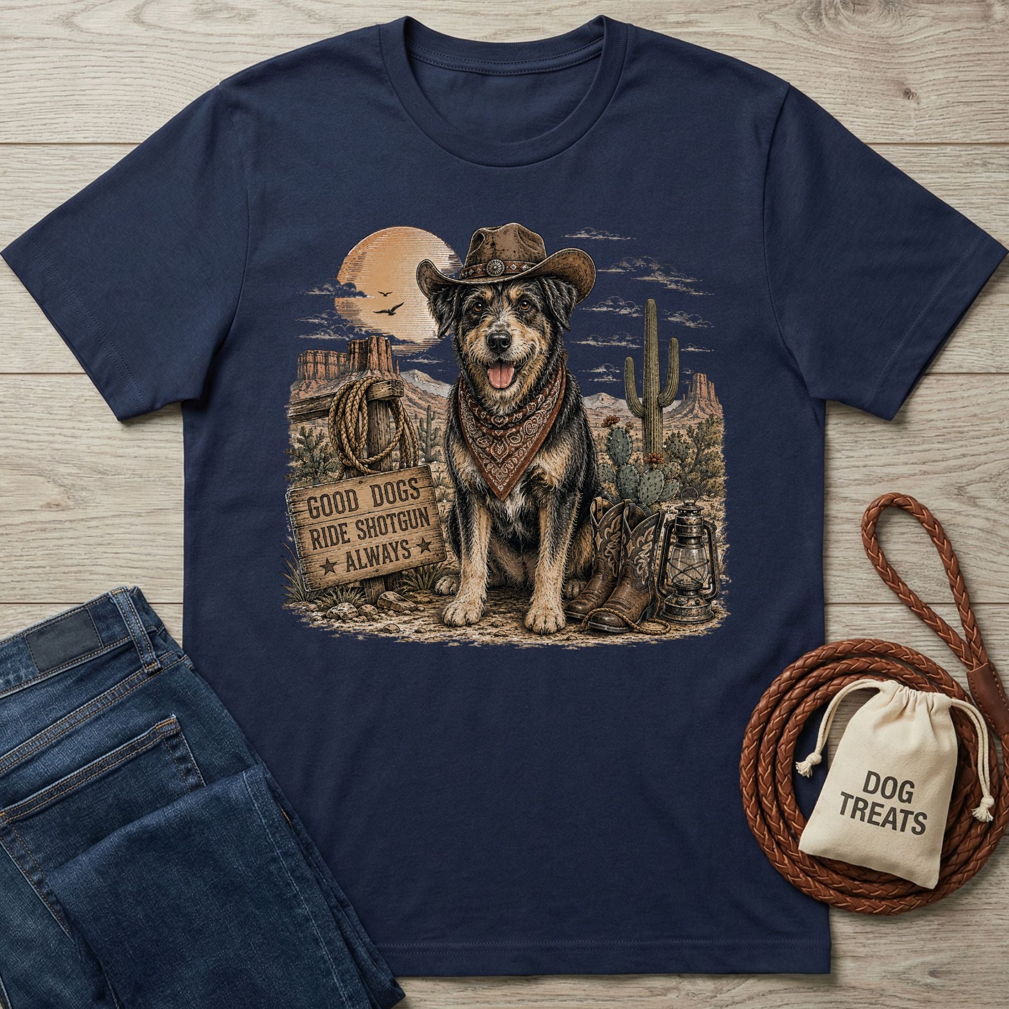 Navy blue cotton t-shirt featuring a western-style graphic of a dog in a cowboy hat with the text Good Dogs Ride Shotgun Always.