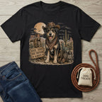 Black cotton t-shirt featuring a western-style graphic of a dog in a cowboy hat and bandana with the text Good Dogs Ride Shotgun.