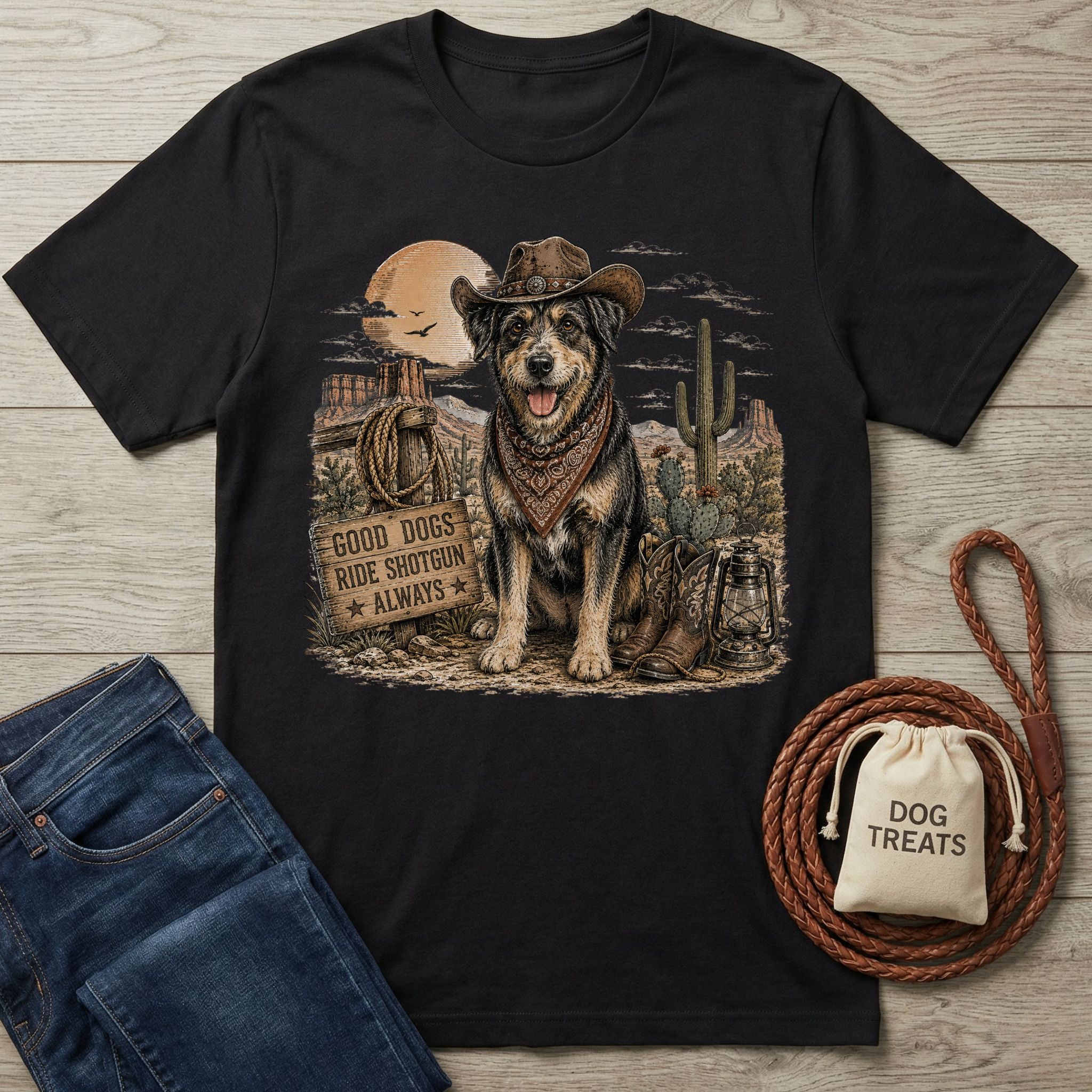 Black cotton t-shirt featuring a western-style graphic of a dog in a cowboy hat and bandana with the text Good Dogs Ride Shotgun.