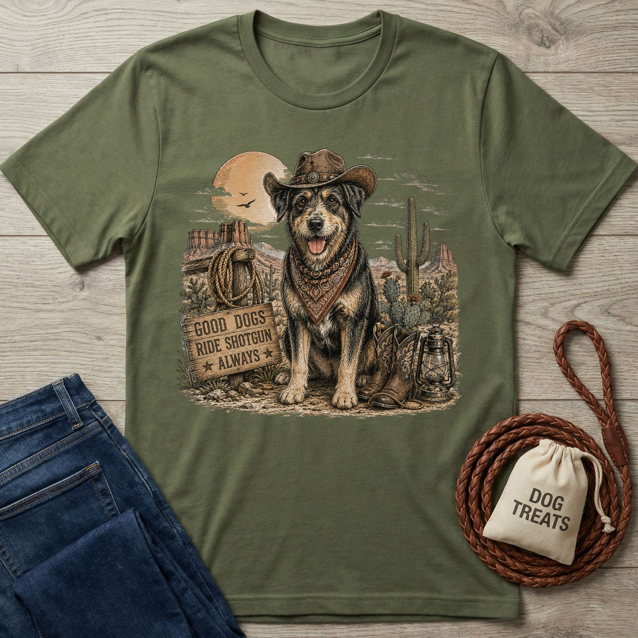 Olive green crewneck t-shirt featuring a western-style graphic of a dog in a cowboy hat with the text Good Dogs Ride Shotgun.