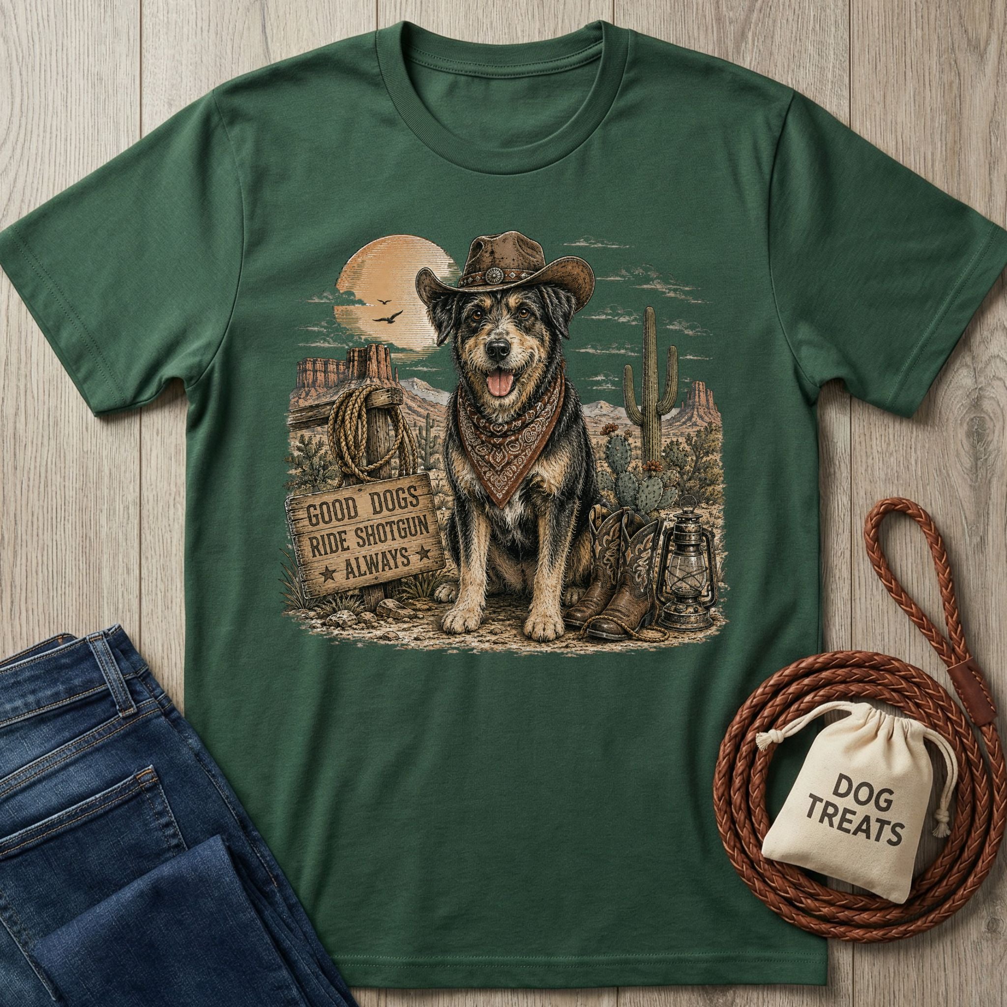 Forest green crewneck t-shirt featuring a western-style graphic of a dog in a cowboy hat and bandana in a desert landscape.