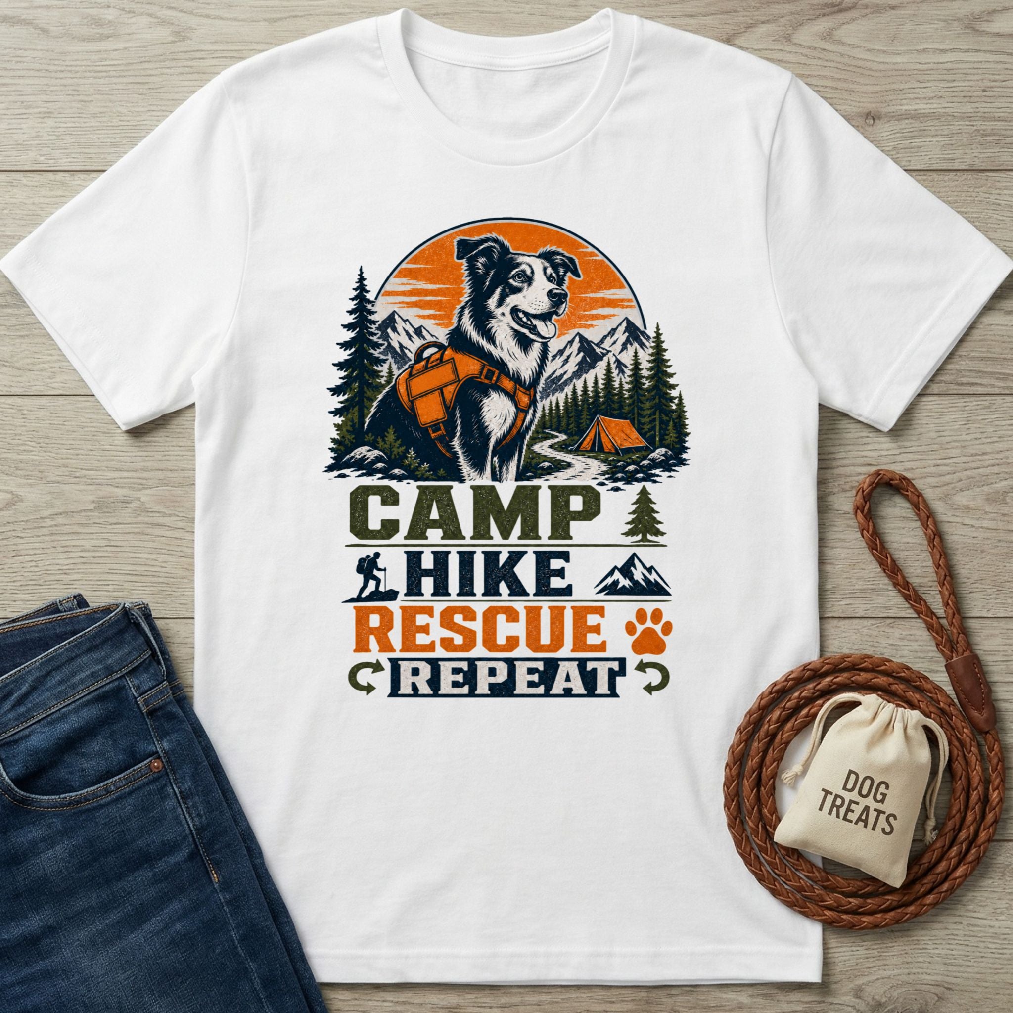 White t-shirt featuring a graphic of a dog in a hiking harness with mountain, forest, and campfire print.