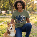 Woman wearing an olive green t-shirt with a graphic of a dog, campfire, and mountains, kneeling beside a corgi in a park.