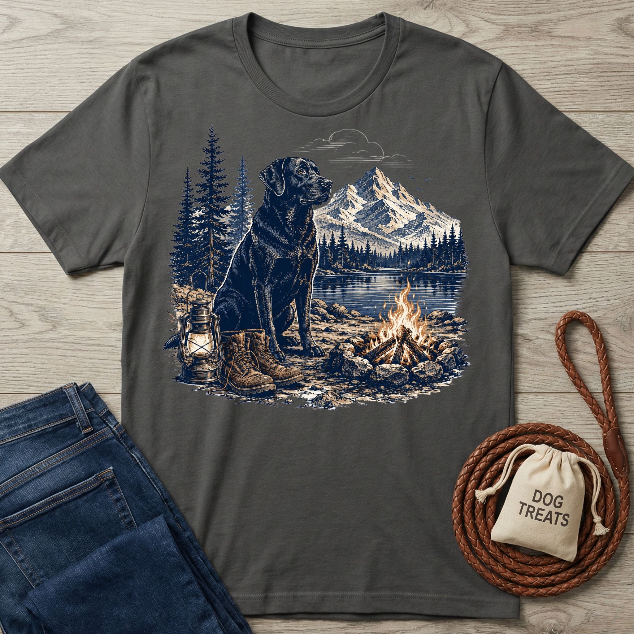 Charcoal grey cotton t-shirt featuring a graphic of a black dog, campfire, mountains, and hiking boots by a lake.