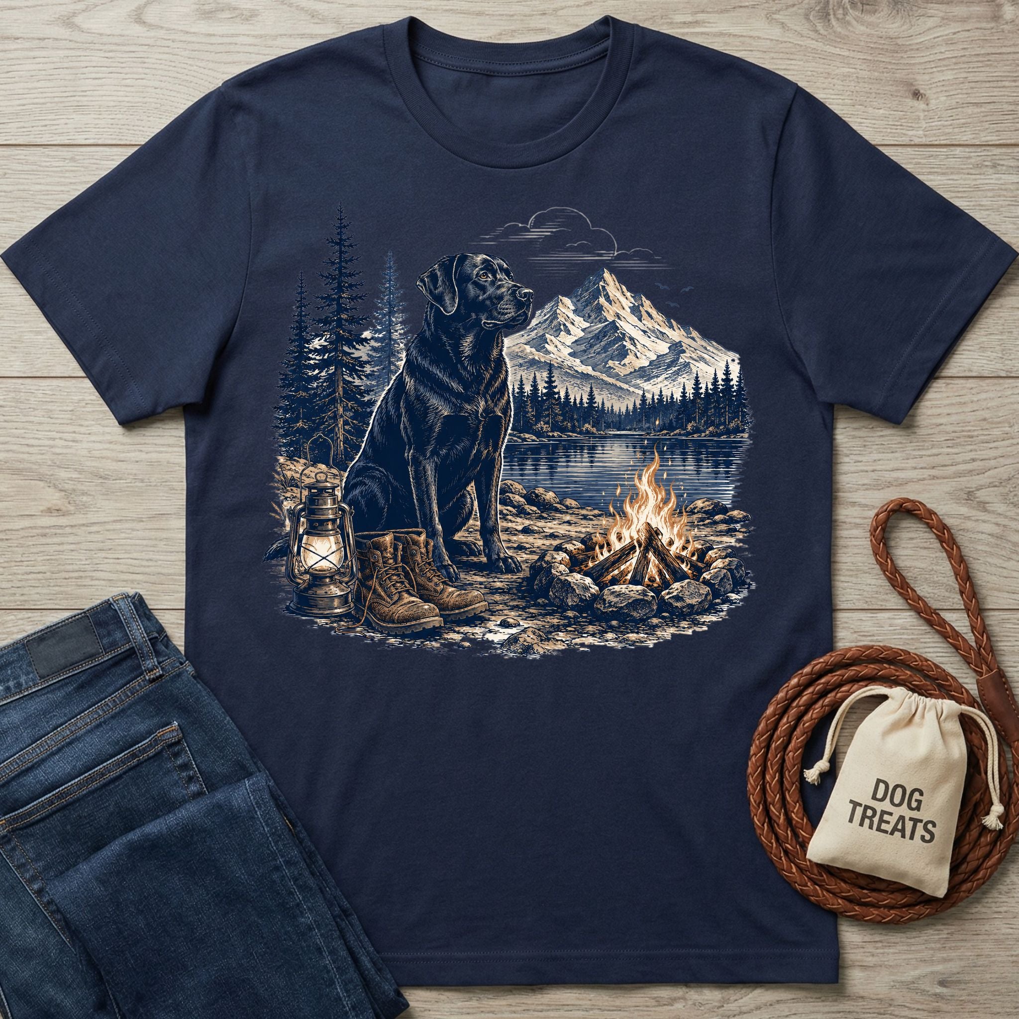 Navy blue crewneck t-shirt featuring a graphic of a black dog, campfire, lantern, and mountain landscape.