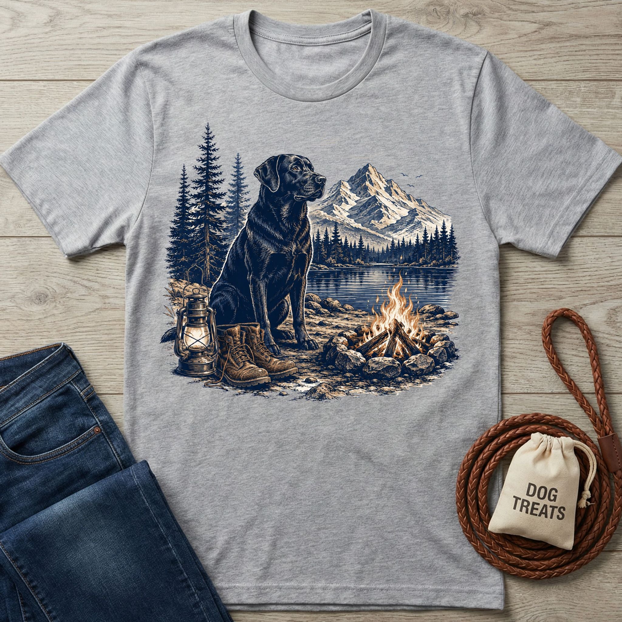 Grey crewneck t-shirt featuring a graphic of a black dog, campfire, mountains, and hiking boots by a lake.