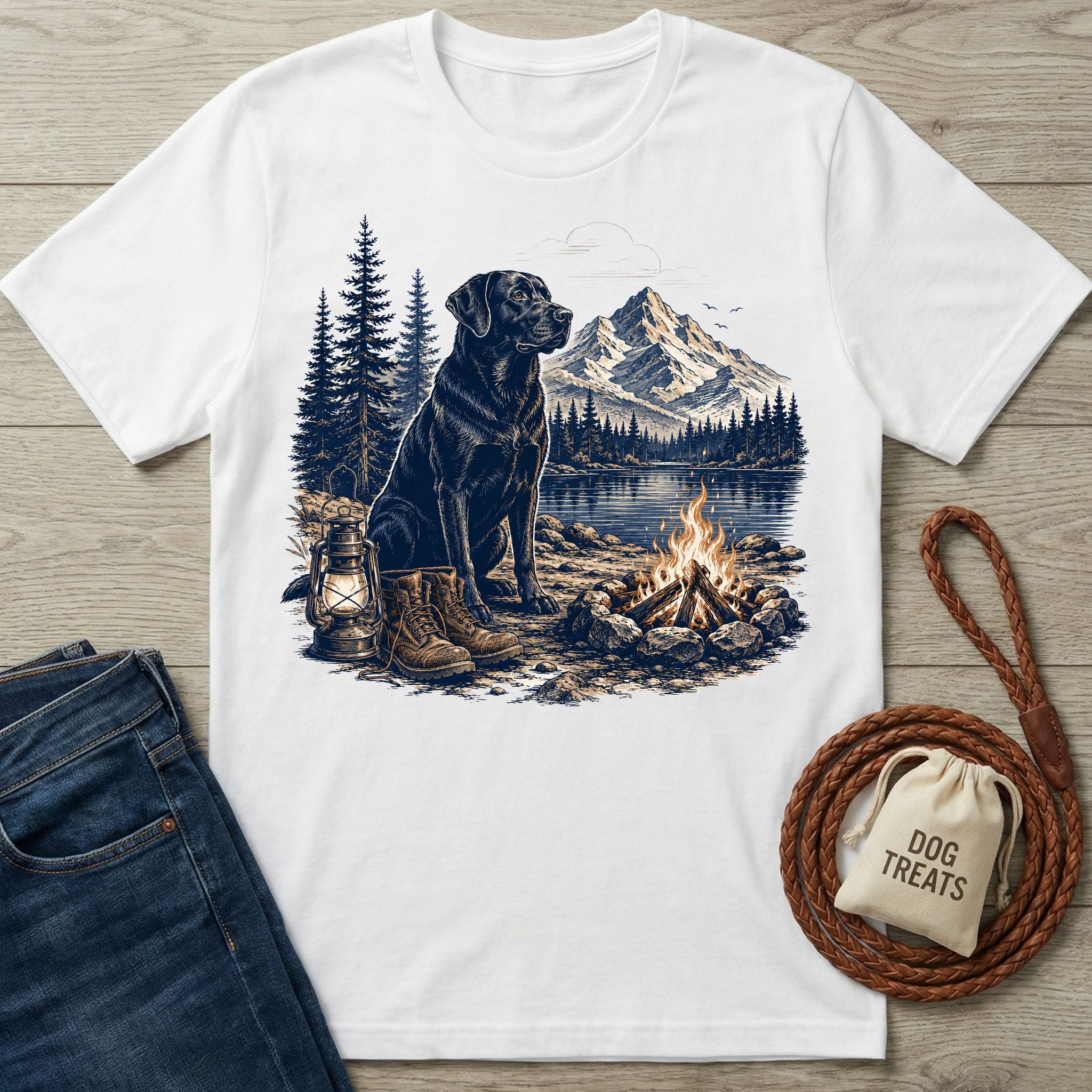 White crewneck t-shirt featuring a black Labrador, campfire, lantern, and mountain lake graphic print.