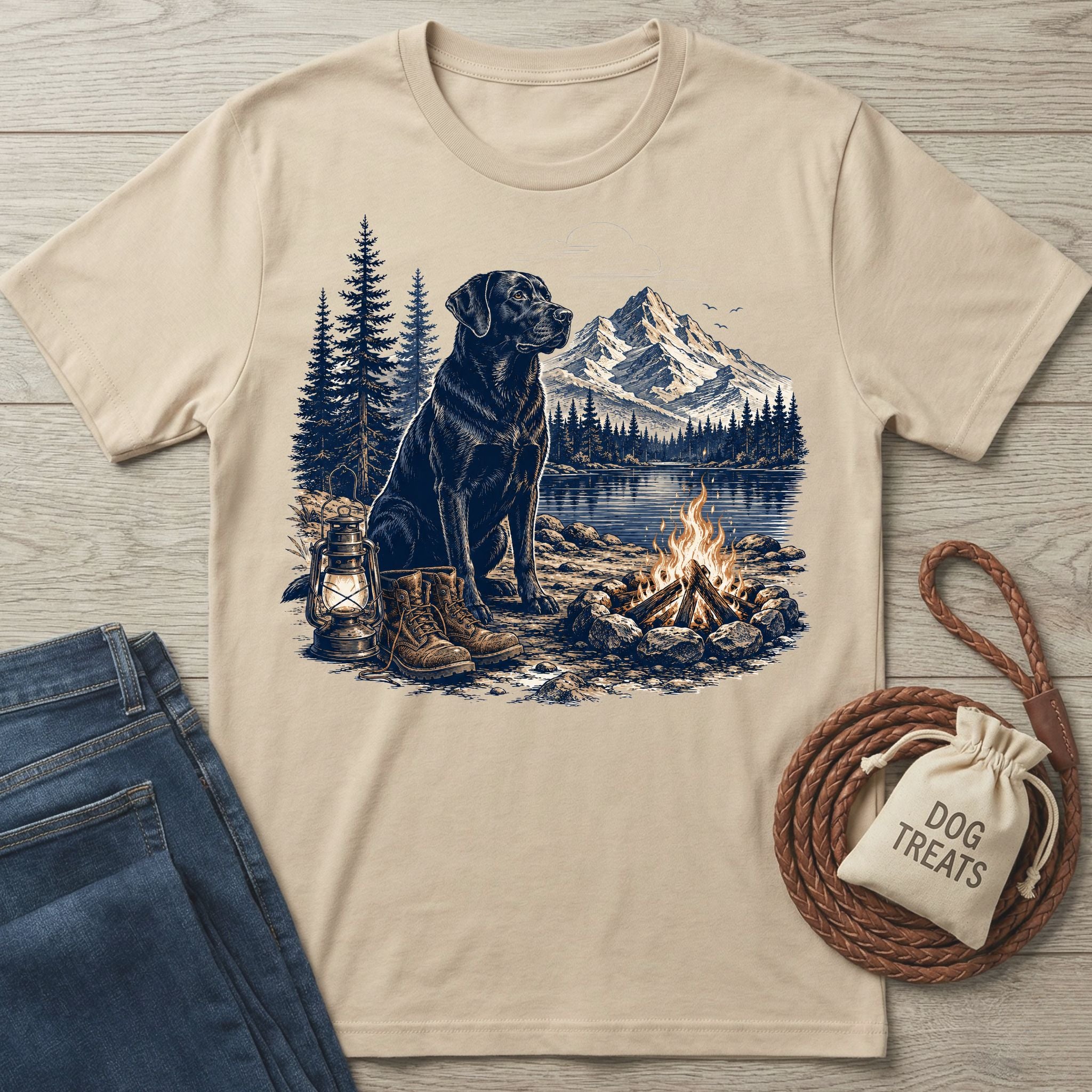 Beige crewneck t-shirt featuring a graphic of a black dog, campfire, lantern, and mountain lake landscape.