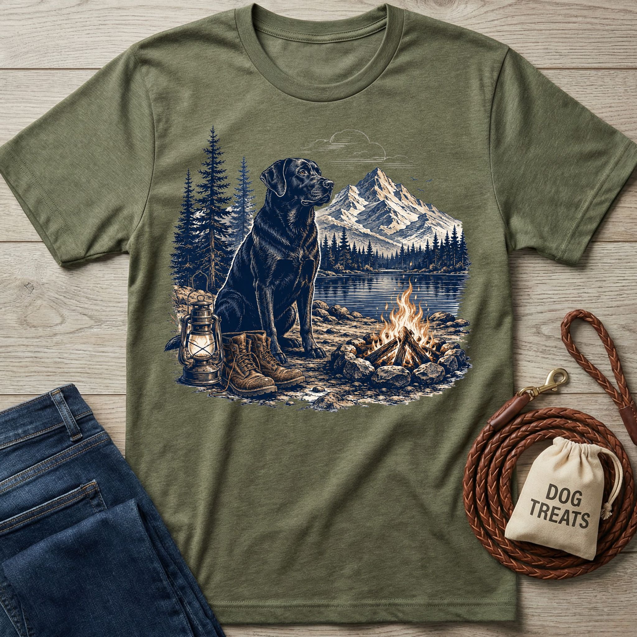Olive green crewneck t-shirt featuring a graphic of a black dog, campfire, lantern, and mountains by a lake.
