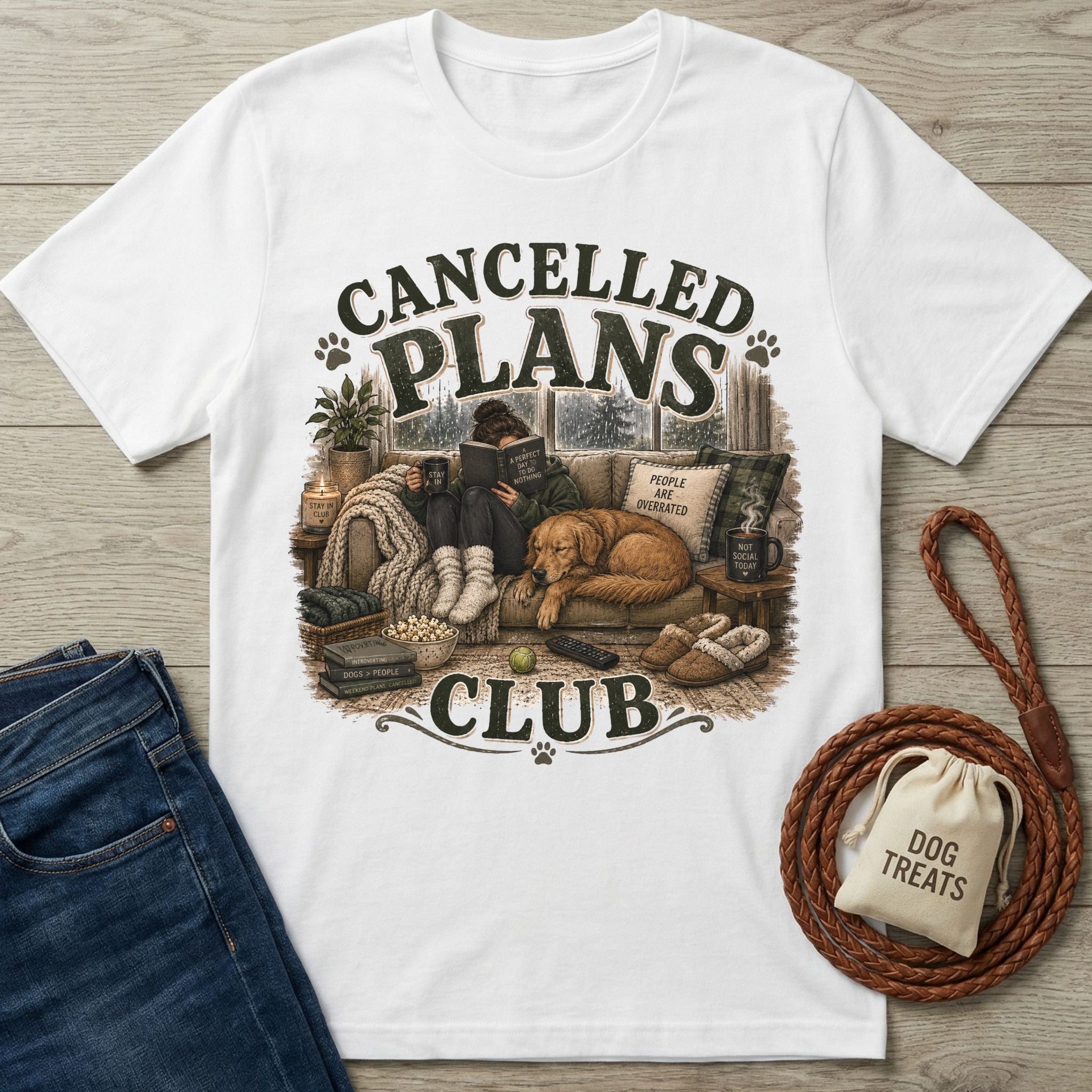 White cotton t-shirt featuring a cozy illustration of a person reading with a dog on a couch, labeled Cancelled Plans Club.