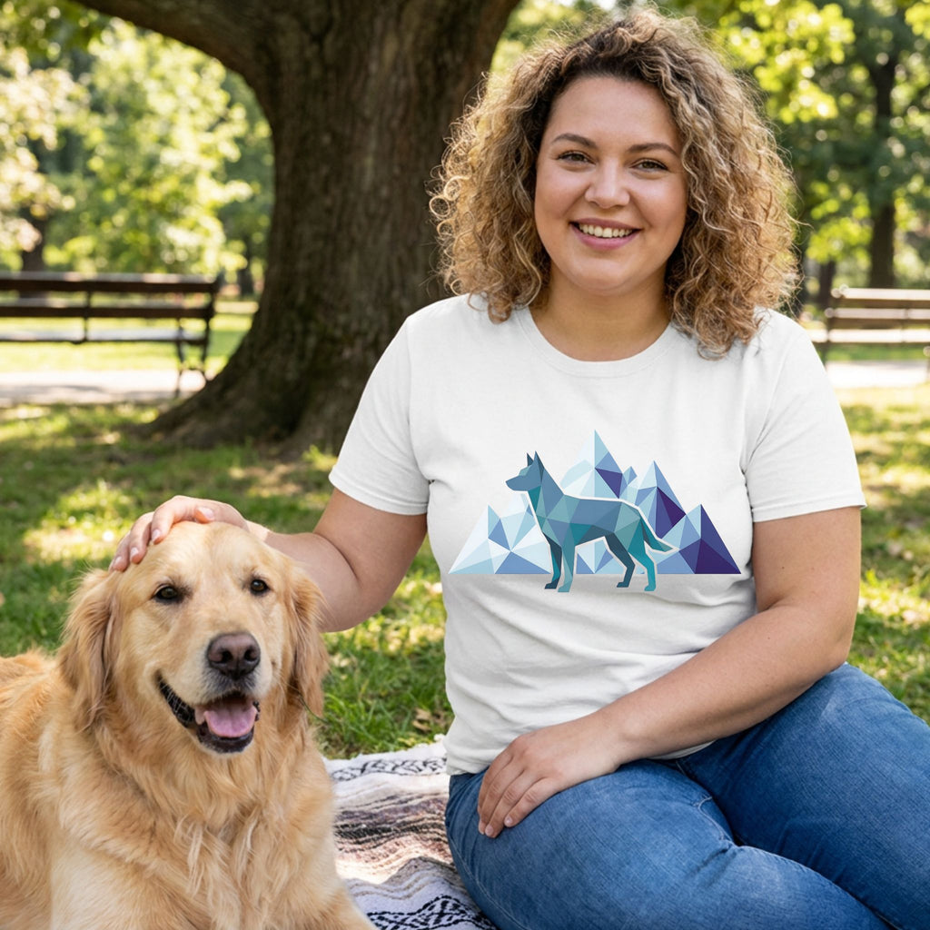 Woman in white "Canine Explorer" tee with geometric dog and mountains, petting a golden retriever in a park.