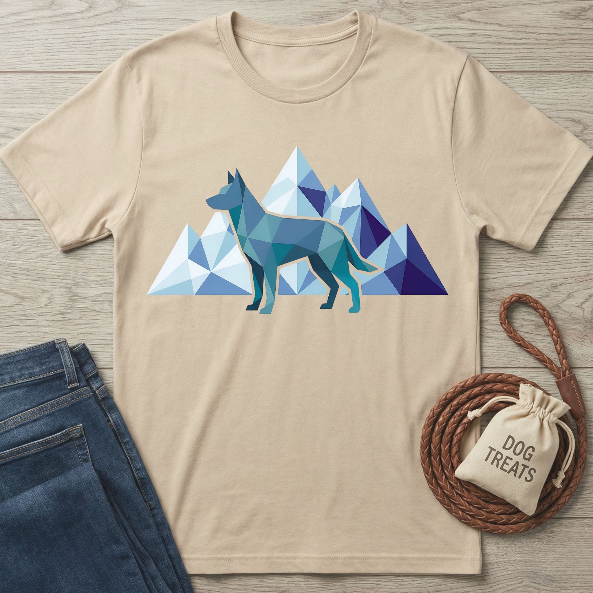 Beige Gildan Softstyle t-shirt with a geometric blue dog and mountain graphic, "CANINE EXPLORER" text, next to jeans and dog treats.