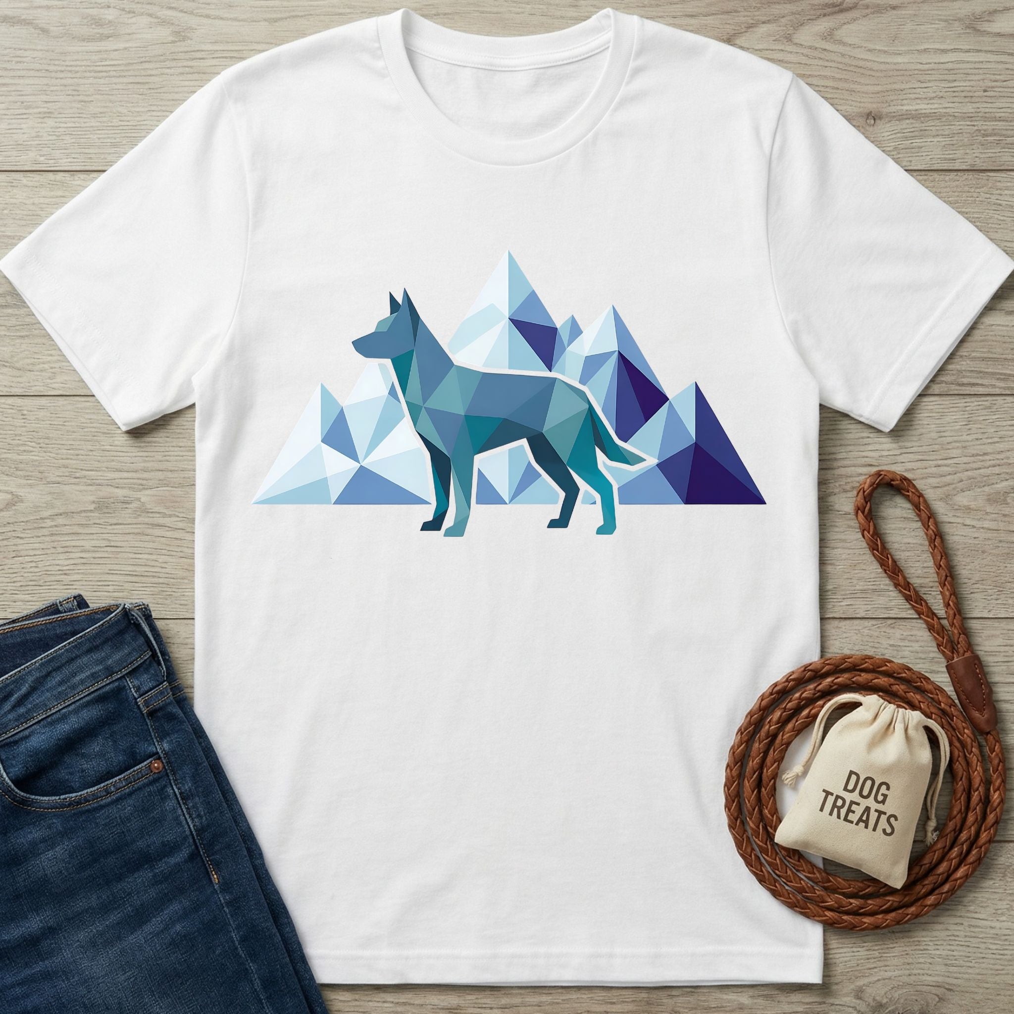 White Gildan Softstyle t-shirt with a geometric blue dog and mountain graphic, "CANINE EXPLORER" text.