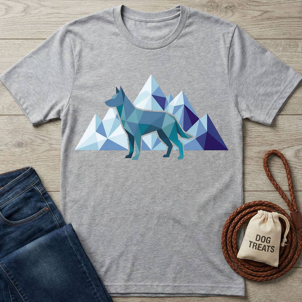 Light grey Gildan Softstyle® t-shirt with a geometric blue dog and mountain graphic, "CANINE EXPLORER" text.