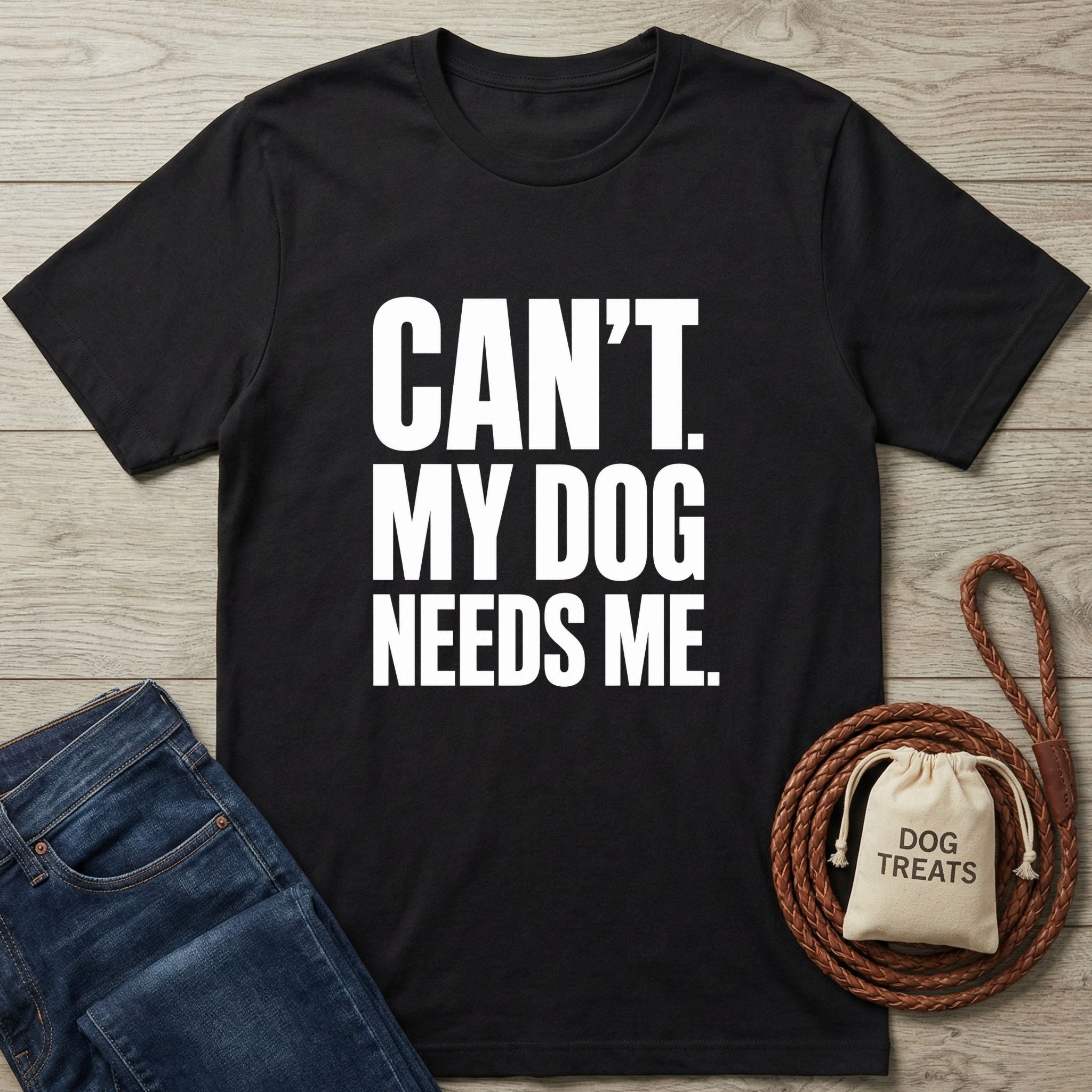 Black crewneck t-shirt with white text reading CAN'T. MY DOG NEEDS ME. displayed on a rustic wooden background.