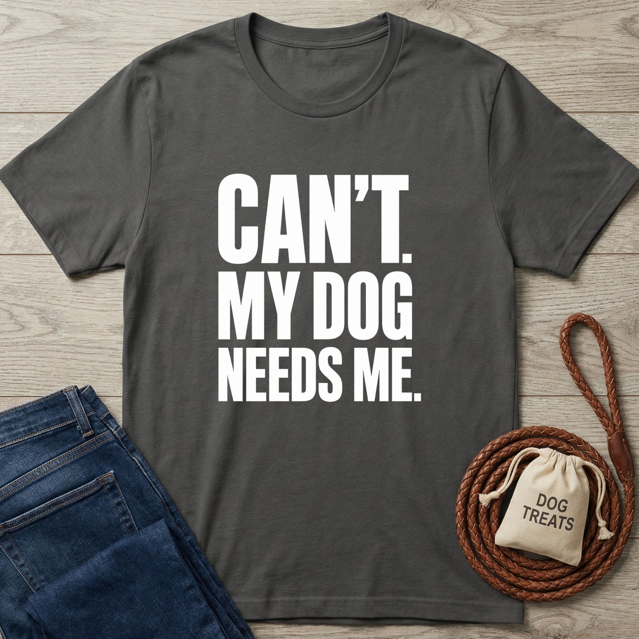 Charcoal grey cotton t-shirt with white text reading CAN'T. MY DOG NEEDS ME, displayed with a leash and dog treat bag.
