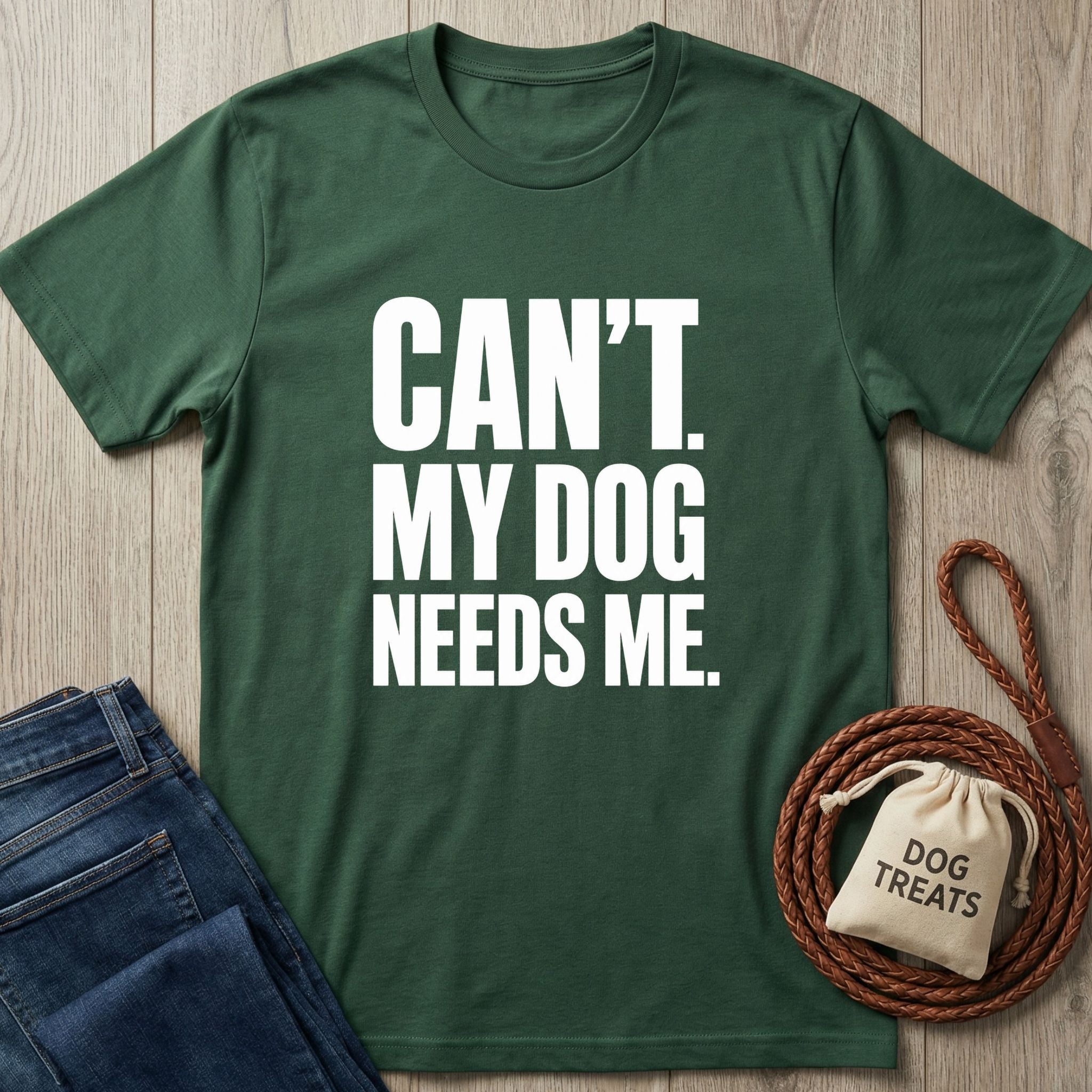 Forest green crew neck t-shirt with white text reading Can't. My Dog Needs Me, styled with a leather leash and treat bag.