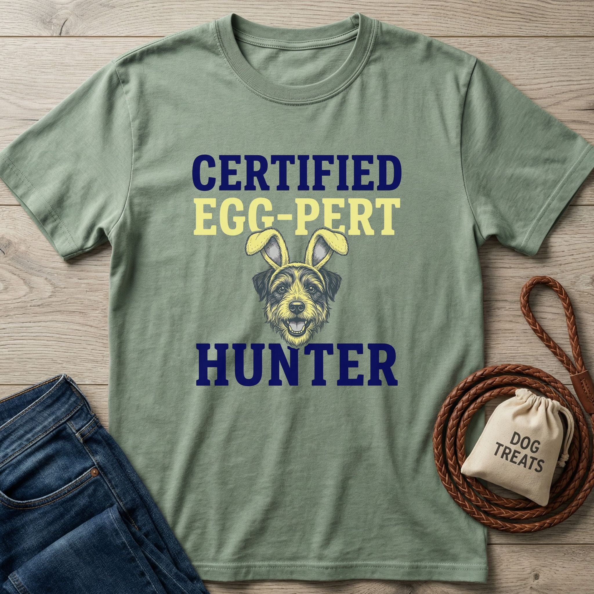 Sage green "Certified Egg-Pert Hunter" t-shirt with a dog wearing bunny ears, next to jeans and dog treats.