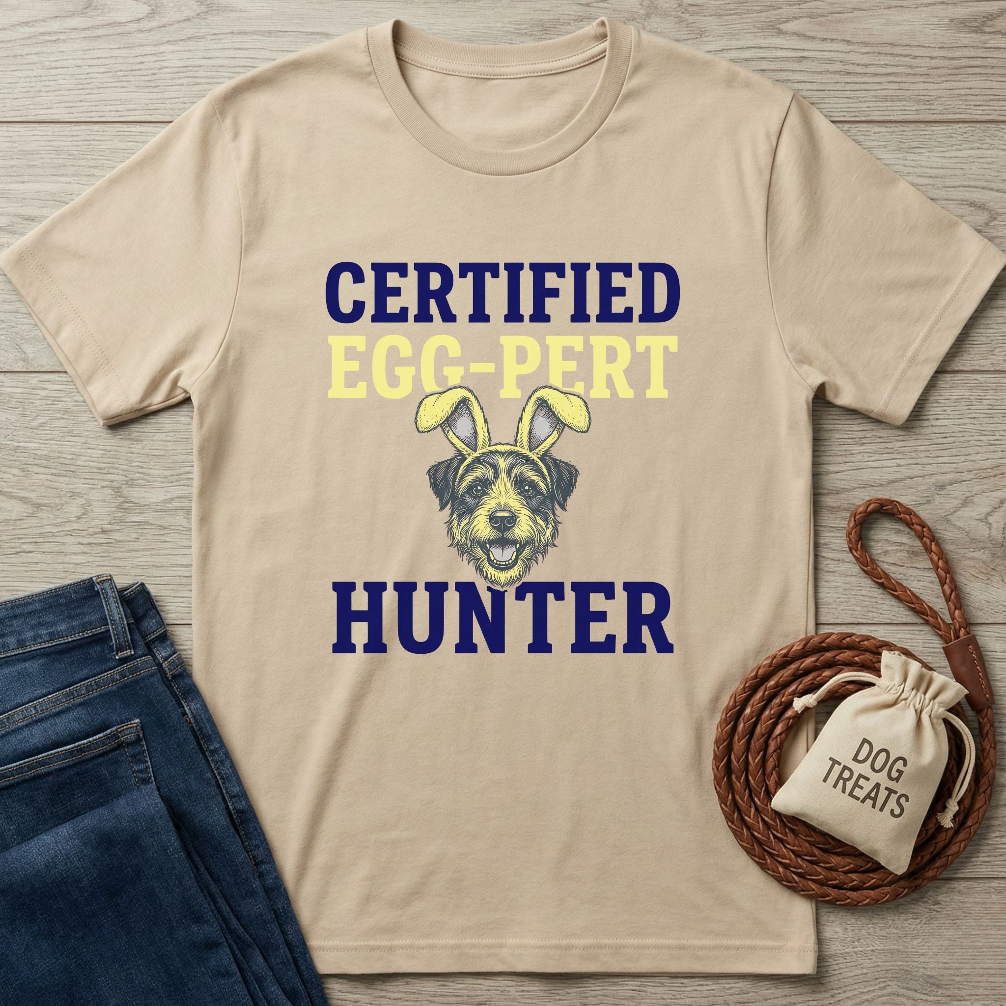 Certified Egg-Pert Hunter t-shirt in sand, featuring a dog with bunny ears.