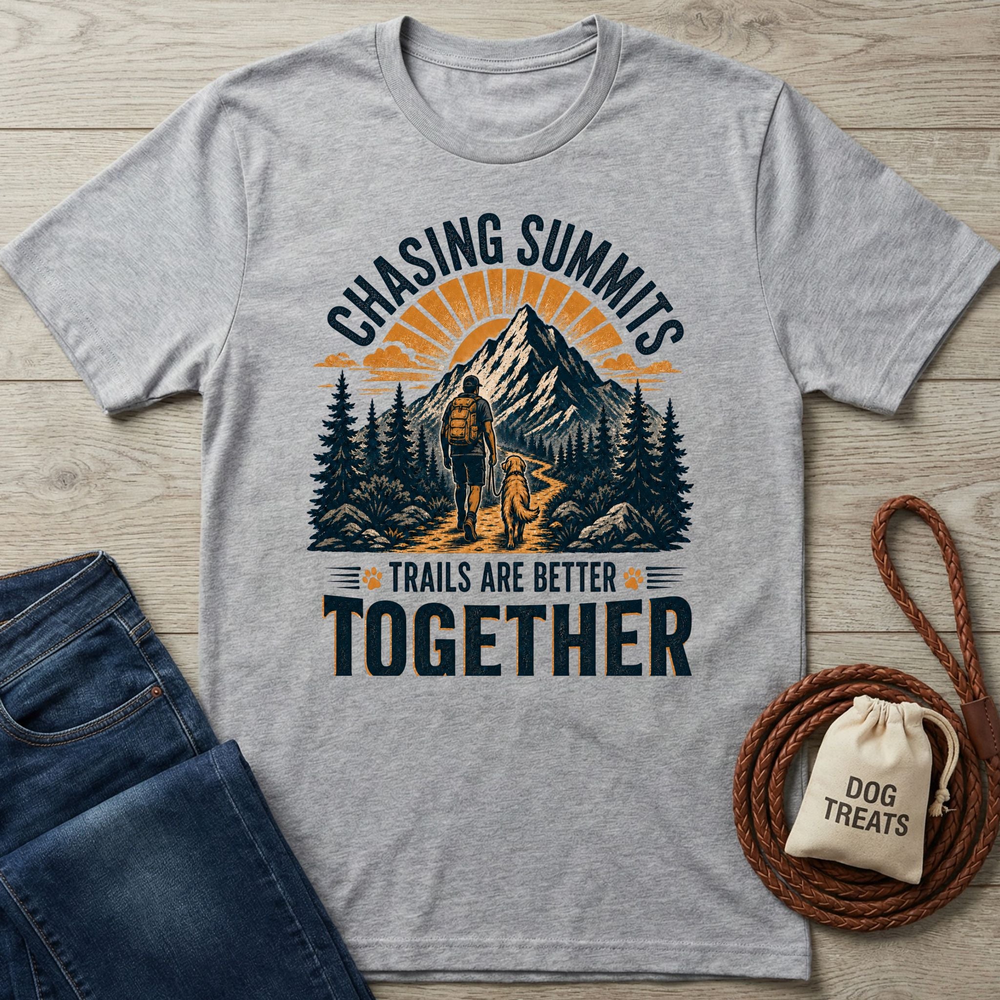 Grey crewneck t-shirt featuring a hiker and dog graphic with mountains, pine trees, and the text Chasing Summits.
