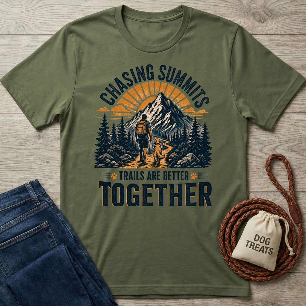 Olive green crewneck t-shirt featuring a hiker and dog graphic with Chasing Summits text on a wooden background.