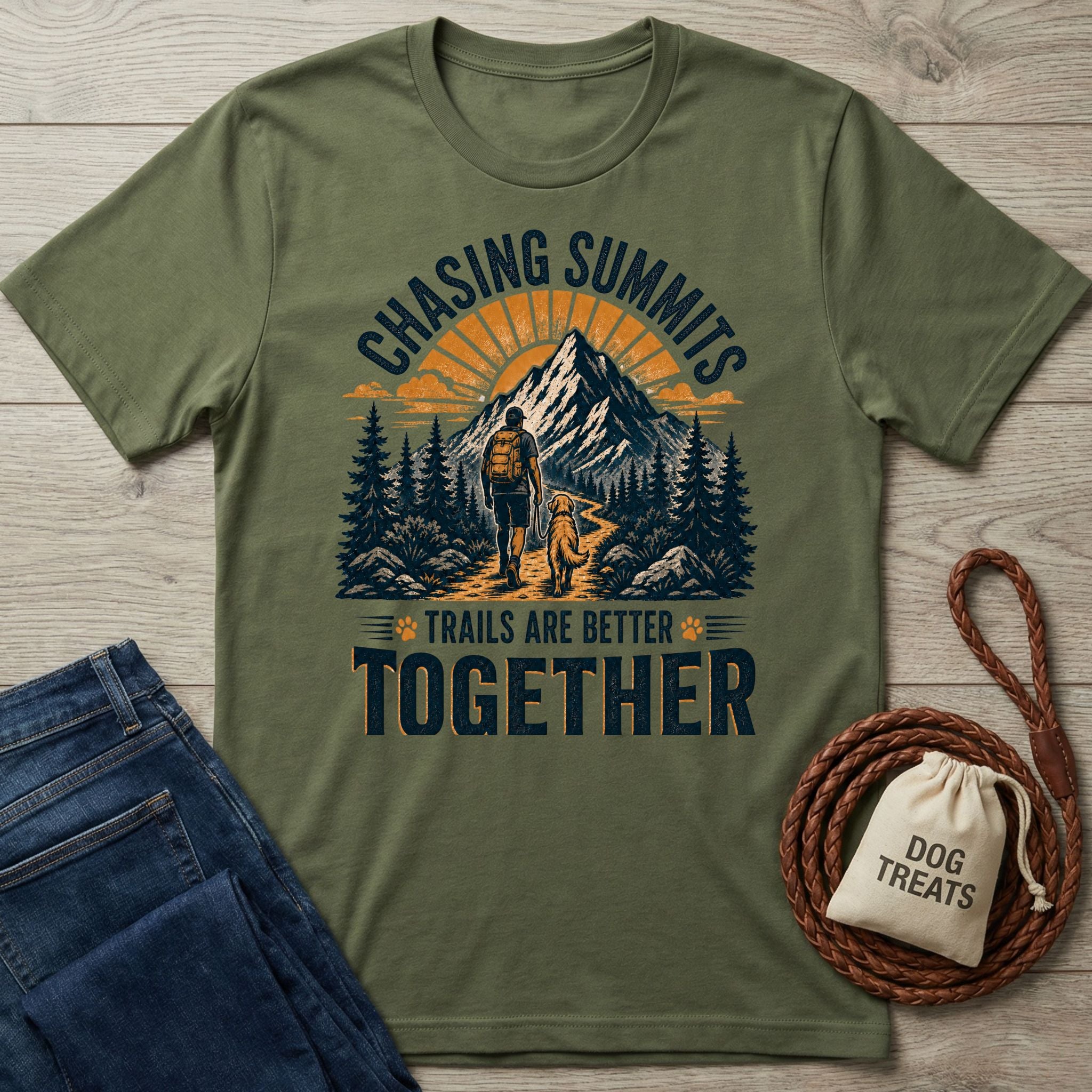 Olive green crewneck t-shirt featuring a hiker and dog graphic with Chasing Summits text on a wooden background.