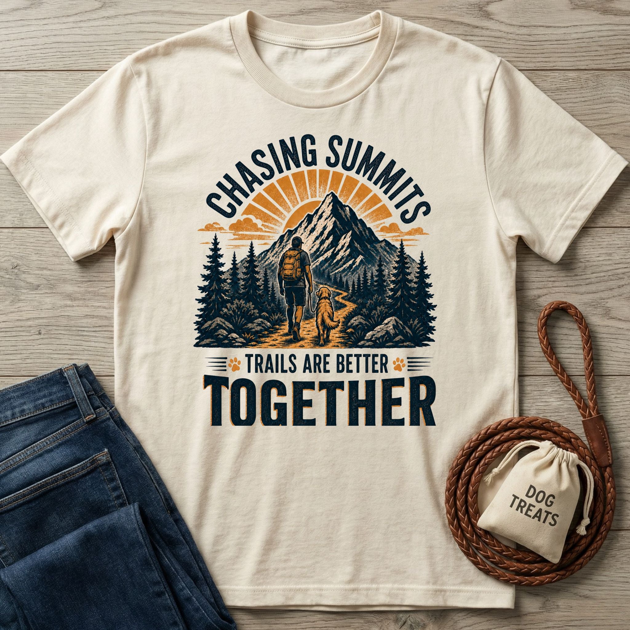 Cream-colored graphic t-shirt featuring a hiker and dog on a mountain trail with the text Chasing Summits.