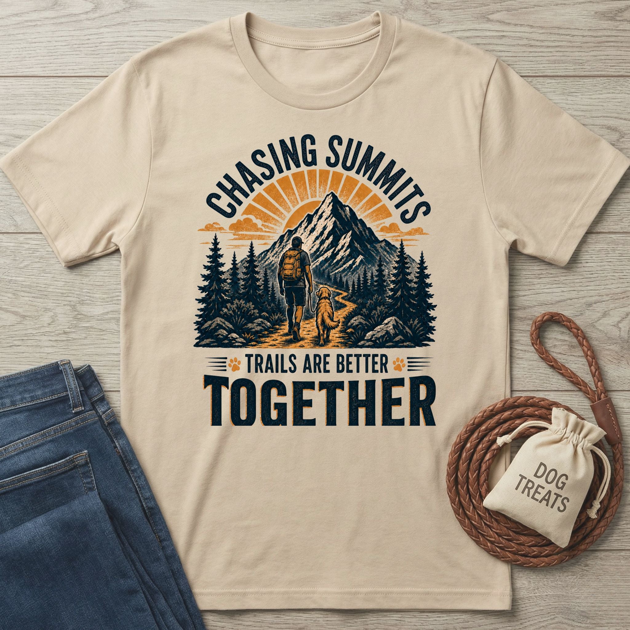 Beige crewneck t-shirt featuring a graphic of a hiker and dog on a mountain trail with the text Chasing Summits.