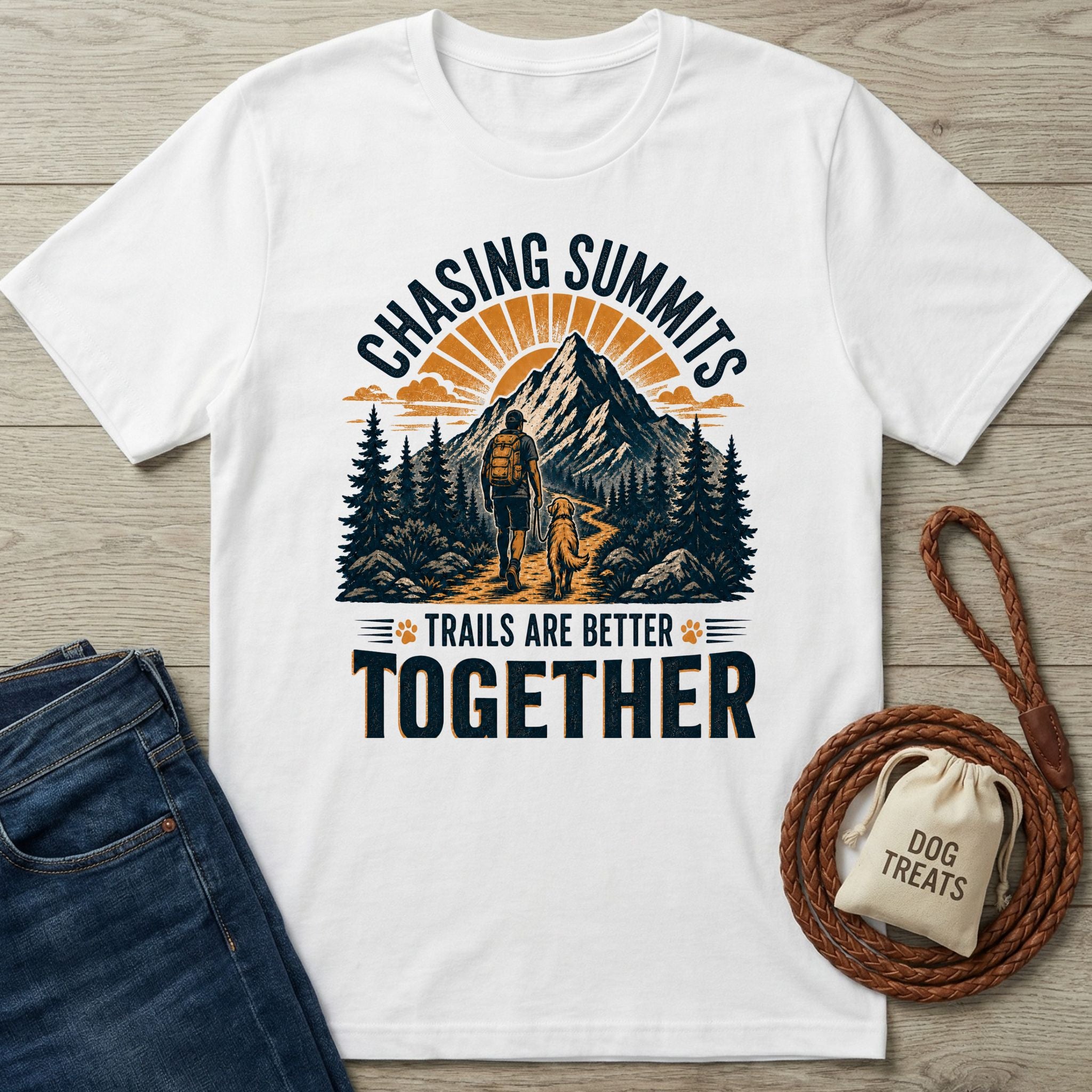 White cotton t-shirt featuring a hiker and dog mountain graphic with Chasing Summits Trails Are Better Together text.