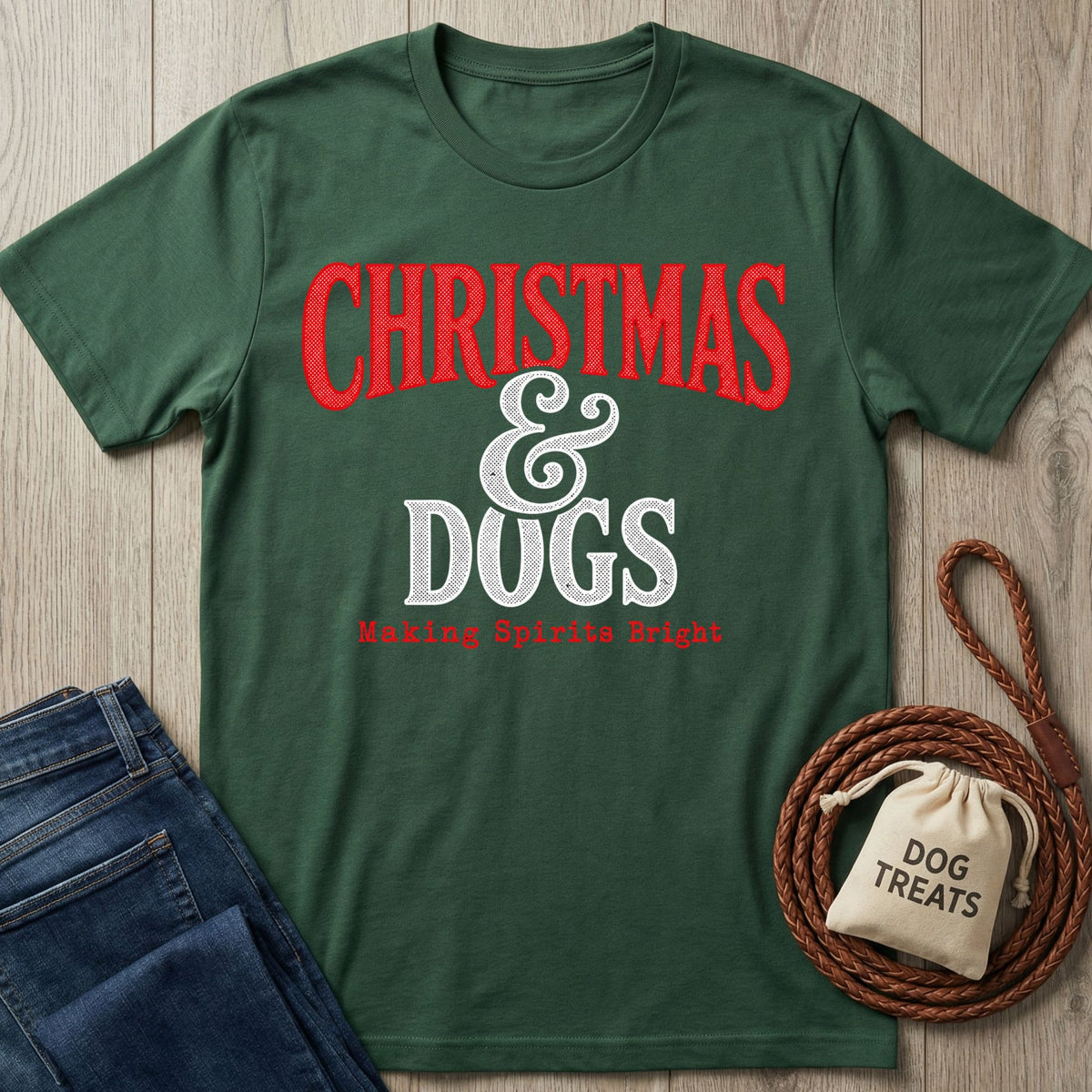 Forest green cotton T-shirt with vintage-style red and white Christmas and Dogs graphic print.