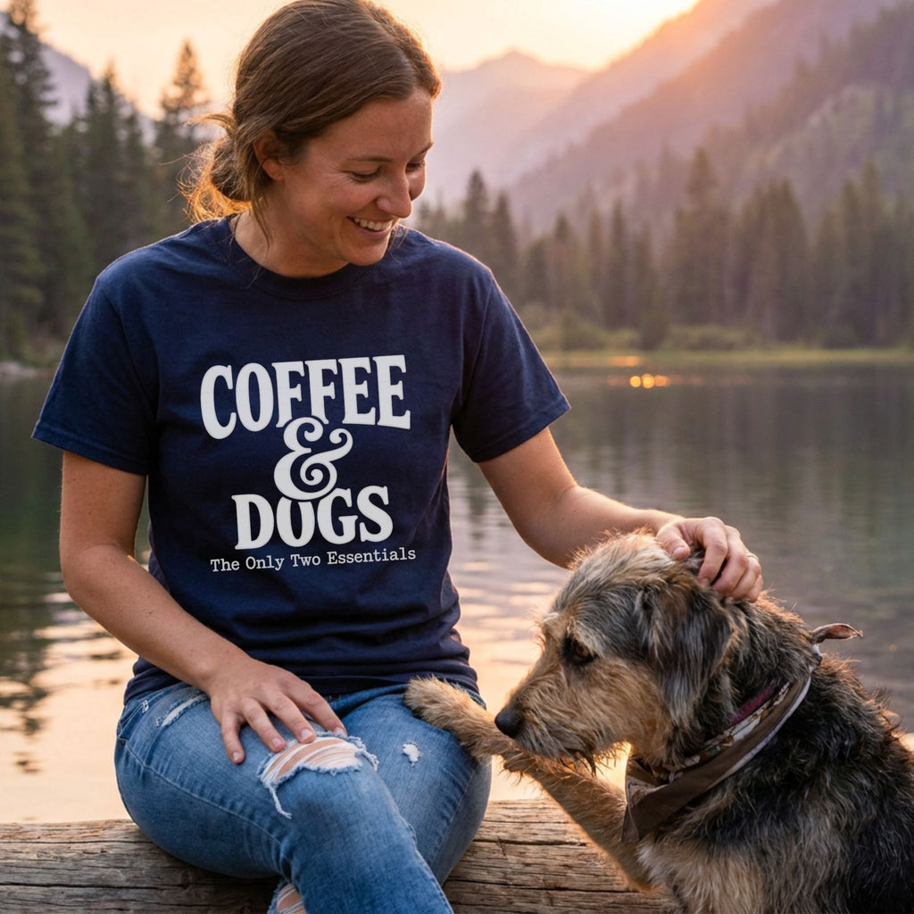 Woman in a navy "Coffee & Dogs" t-shirt petting a dog by a lake at sunset.