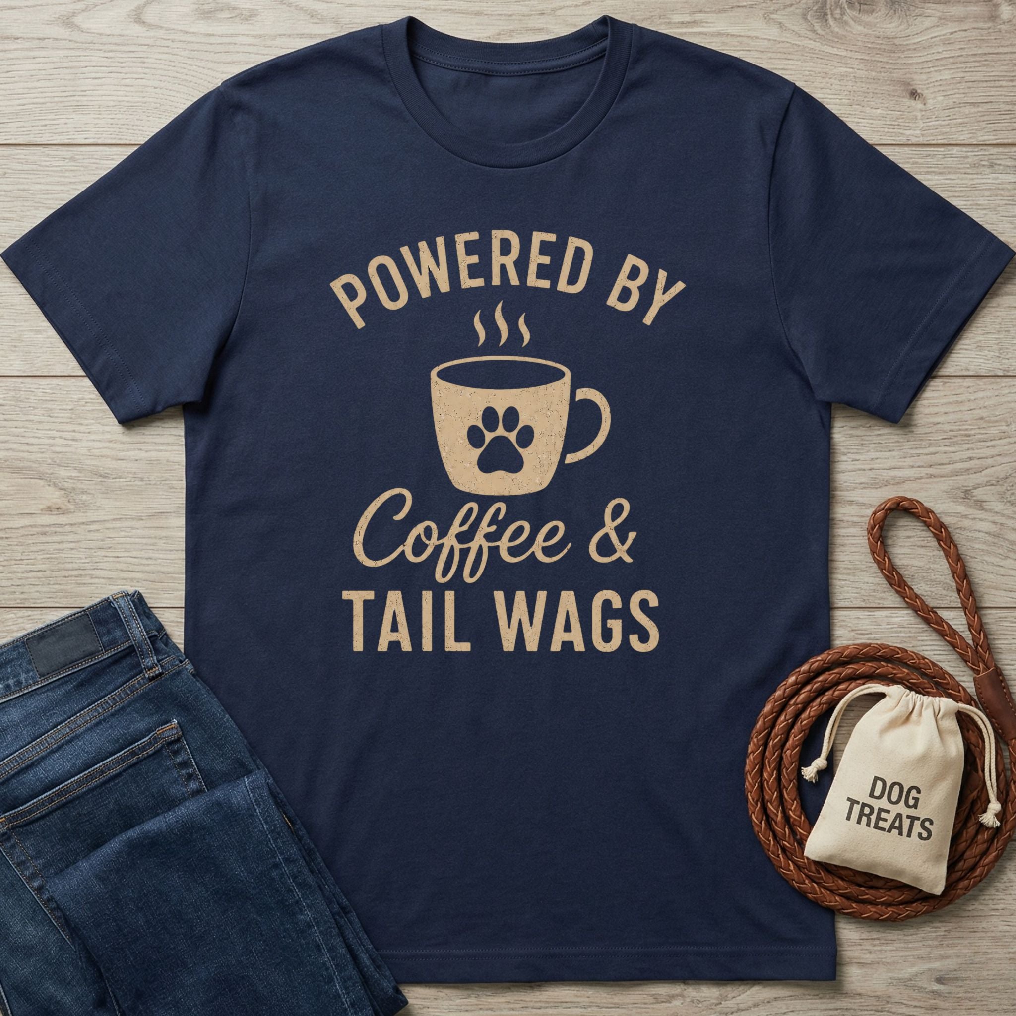 Navy blue t-shirt with "Powered by Coffee & Tail Wags" design featuring a paw print coffee mug.
