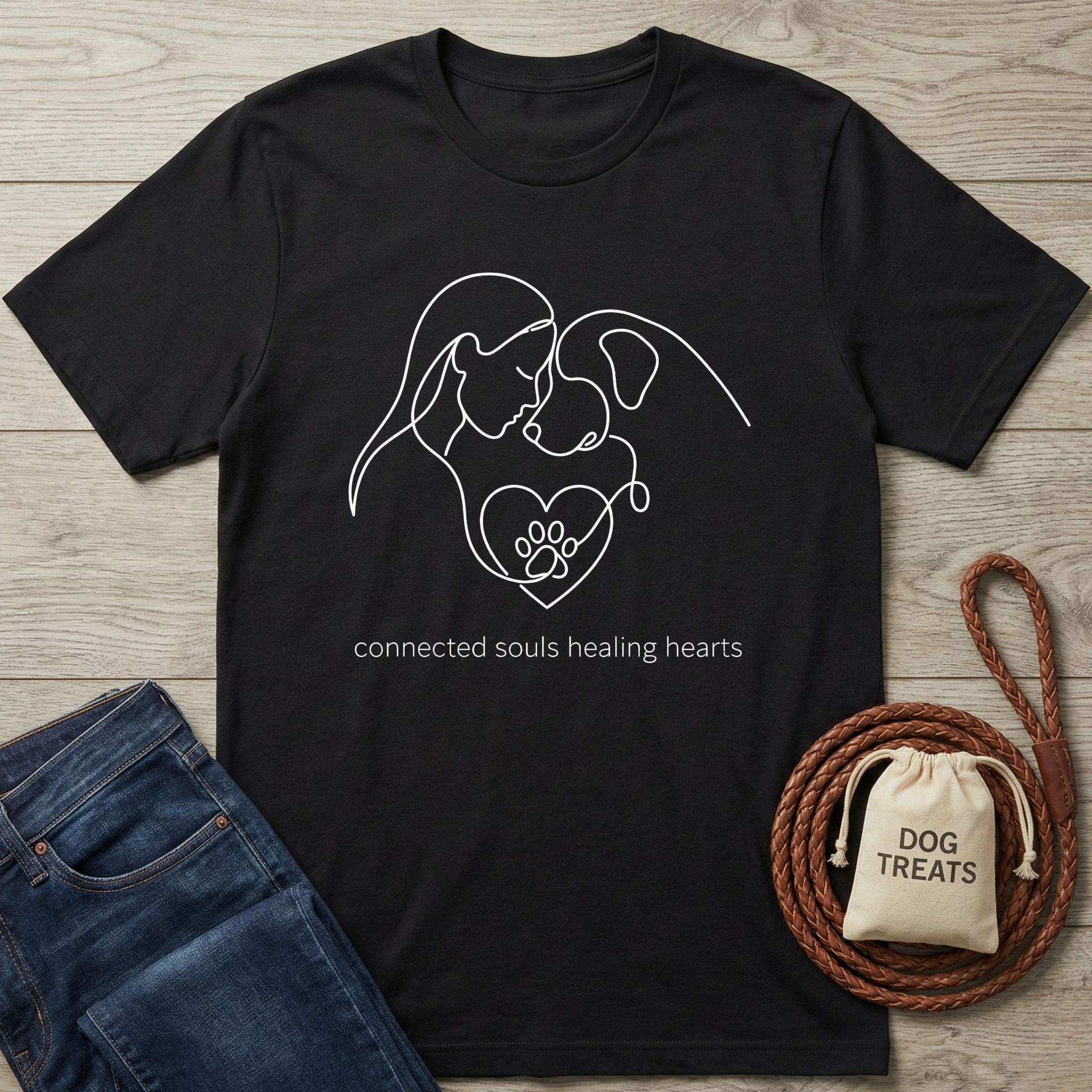 Black Gildan Softstyle t-shirt with white line art of a person and dog, "connected souls healing hearts" text.