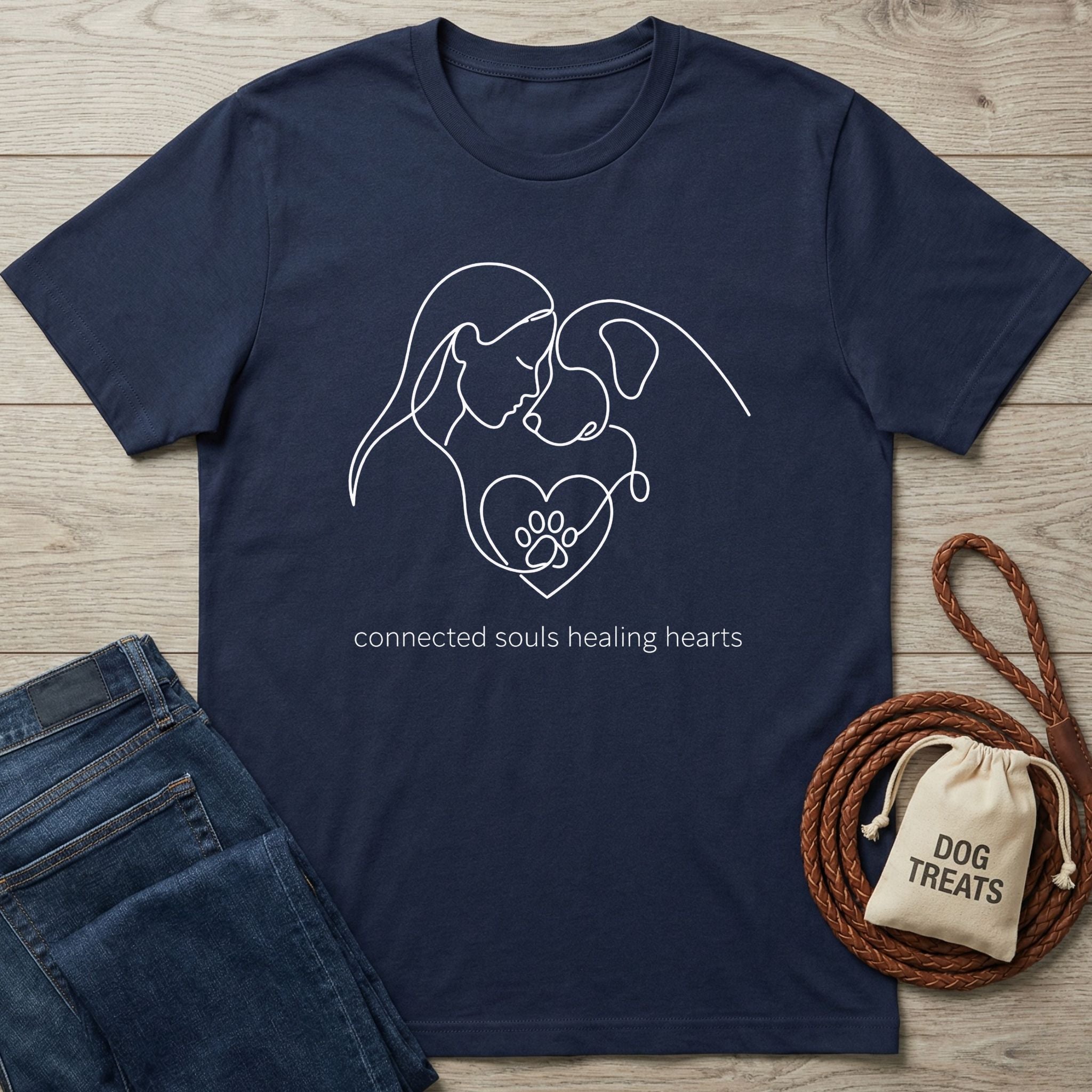 Navy blue Gildan Softstyle® t-shirt with white "Connected Souls Healing Hearts" graphic of a person and dog.