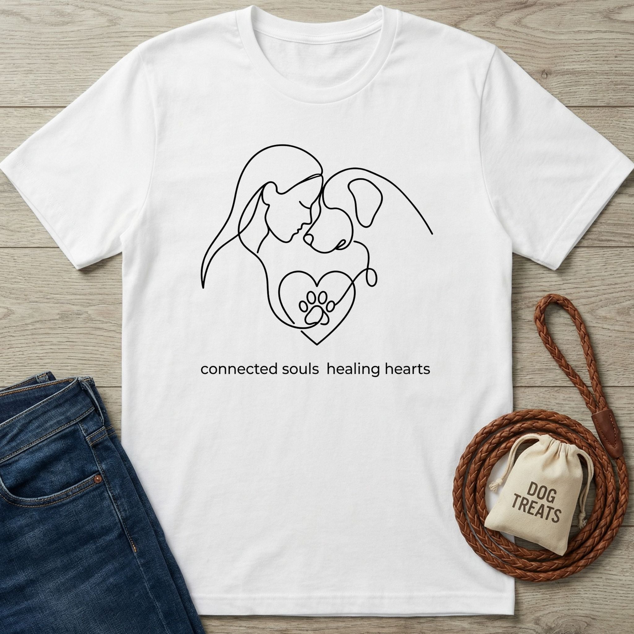 White Gildan Softstyle® T-shirt with a black line art design of a person, dog, heart, and paw print.