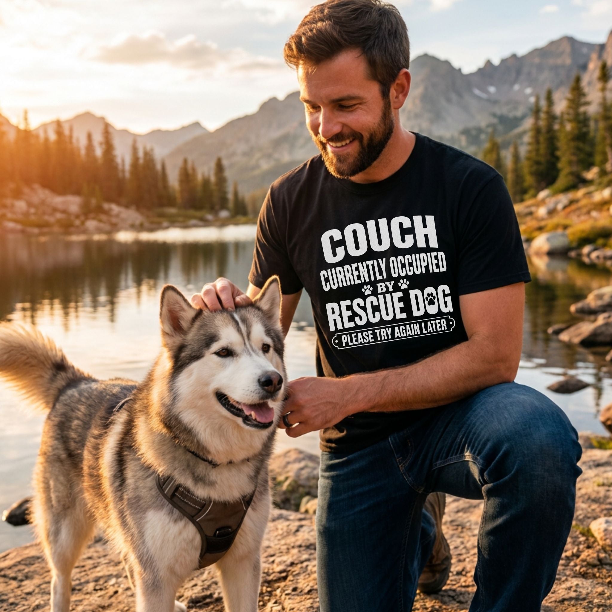 Man in black "Couch Occupied" tee petting a husky by a lake at sunset.
